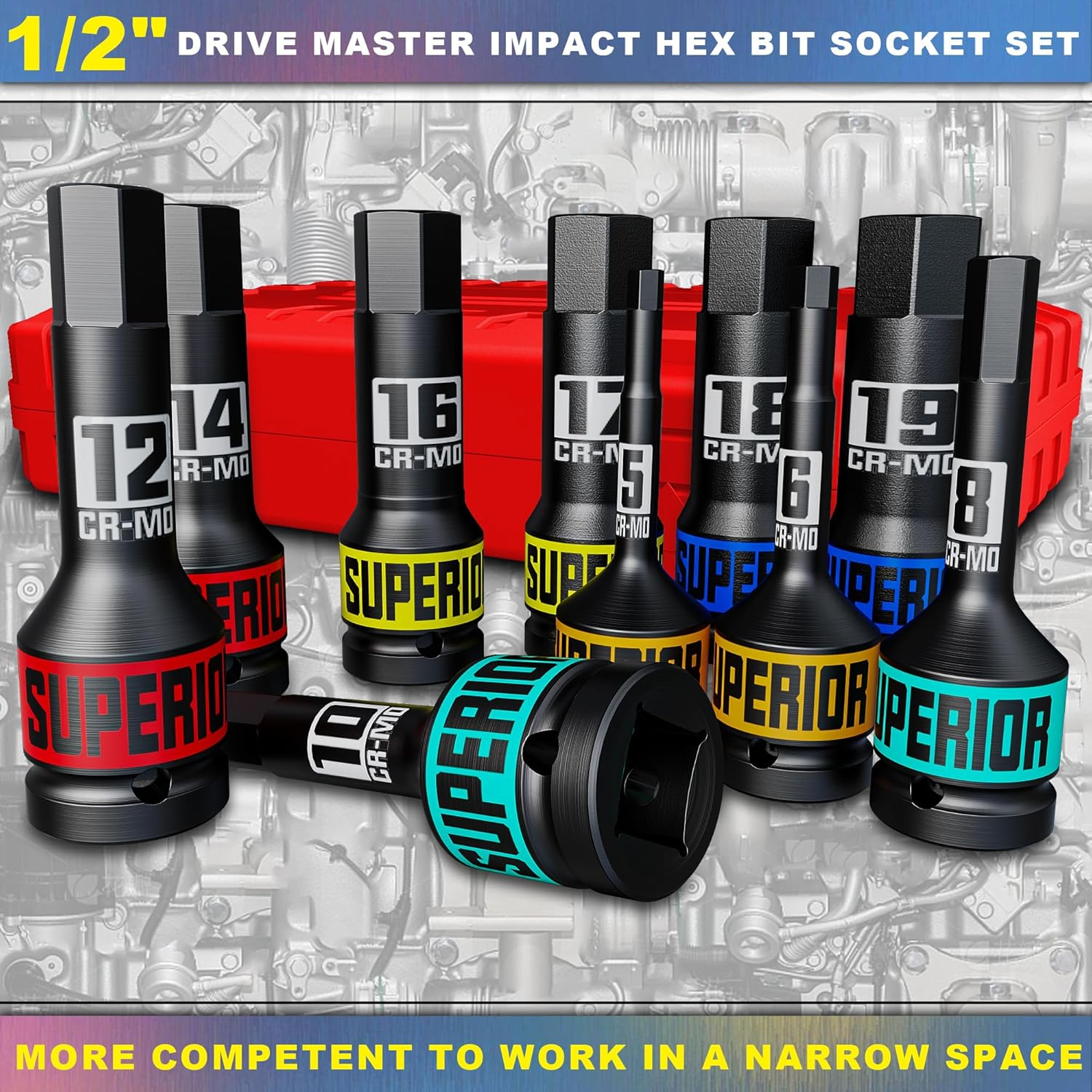 1/2" Drive Master Impact Hex Bit Socket Set, 5 Mm - 19 Mm, Impact Allen Bit Socket Set, Cr-Mo Steel, for Installing, Dismantling and Repairing Wheel Nuts on Vehicles,10 Pieces image number 3