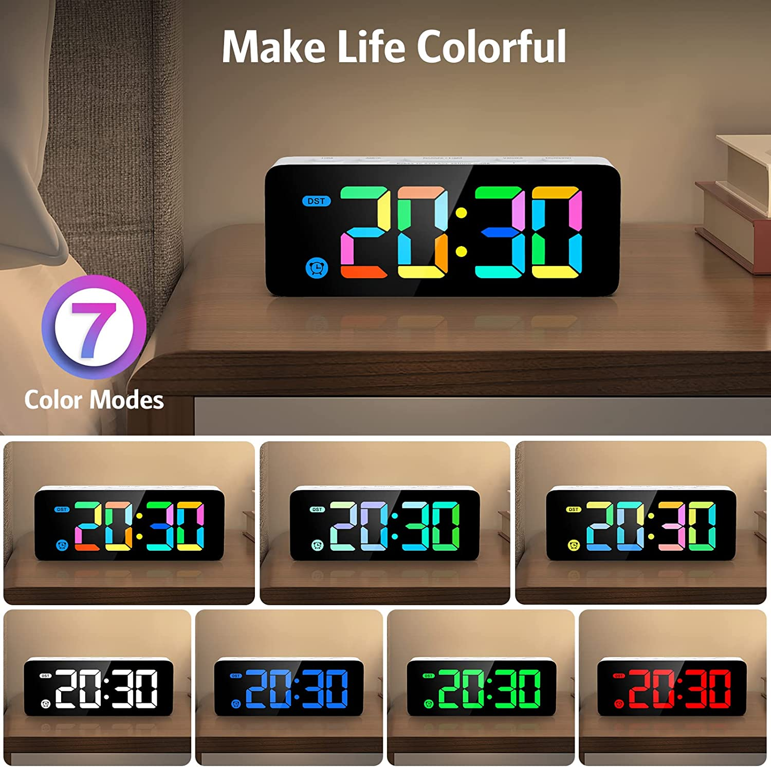 AMIR Digital Alarm Clock, Colorful LED Digital Clock with 7 RGB Digital, 4 Dimmable Backlight, 3 Adjustable Volumes, Snooze, 12/24Hr, USB Power Kids Clock for Heavy Sleepers Kids