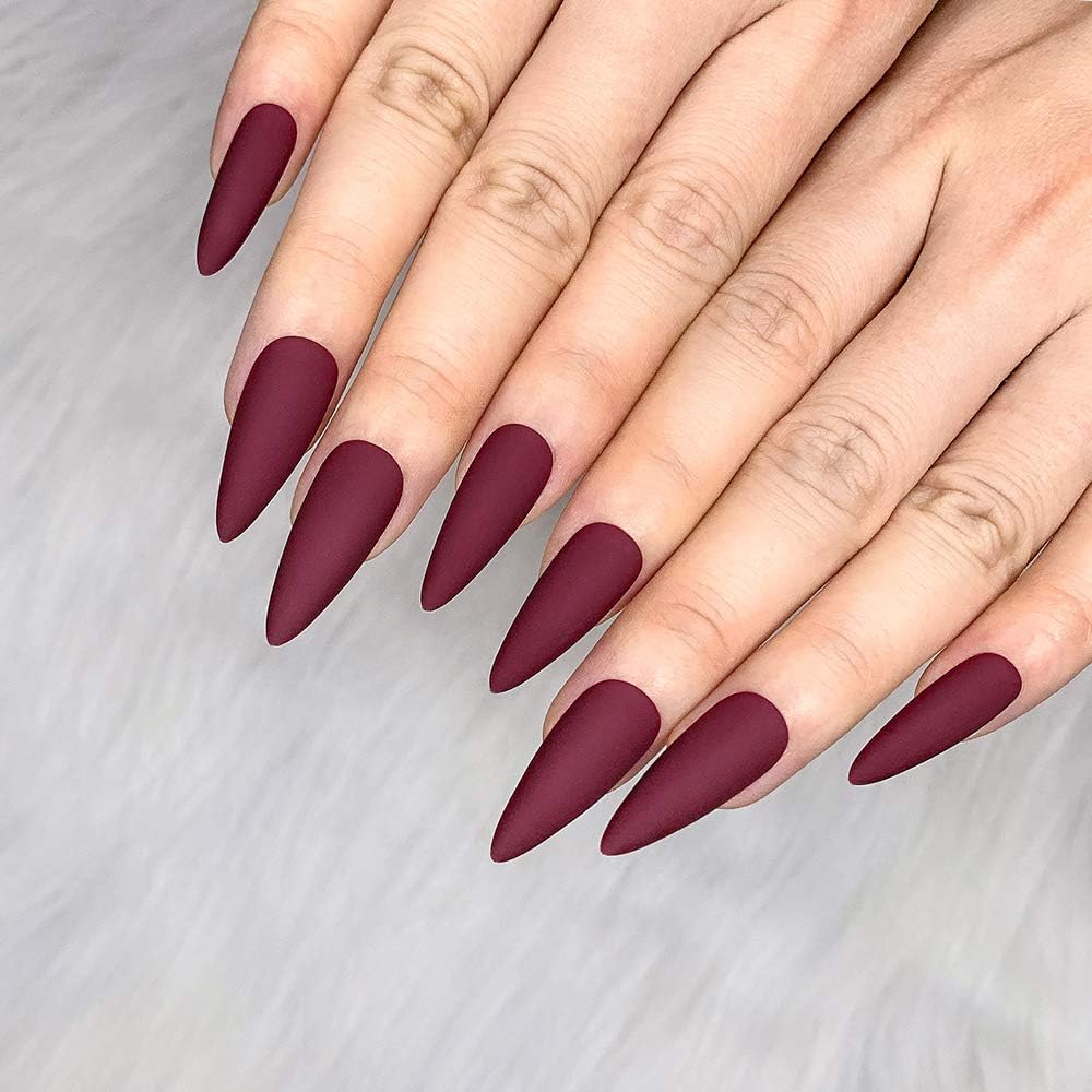 Morily 24Pcs Fake Nails Matte Pure Color Medium Long Stiletto Almond Press on Nail False Tips Artificial Finger Manicure for Women (Wine Red) - French Ombre image number 4