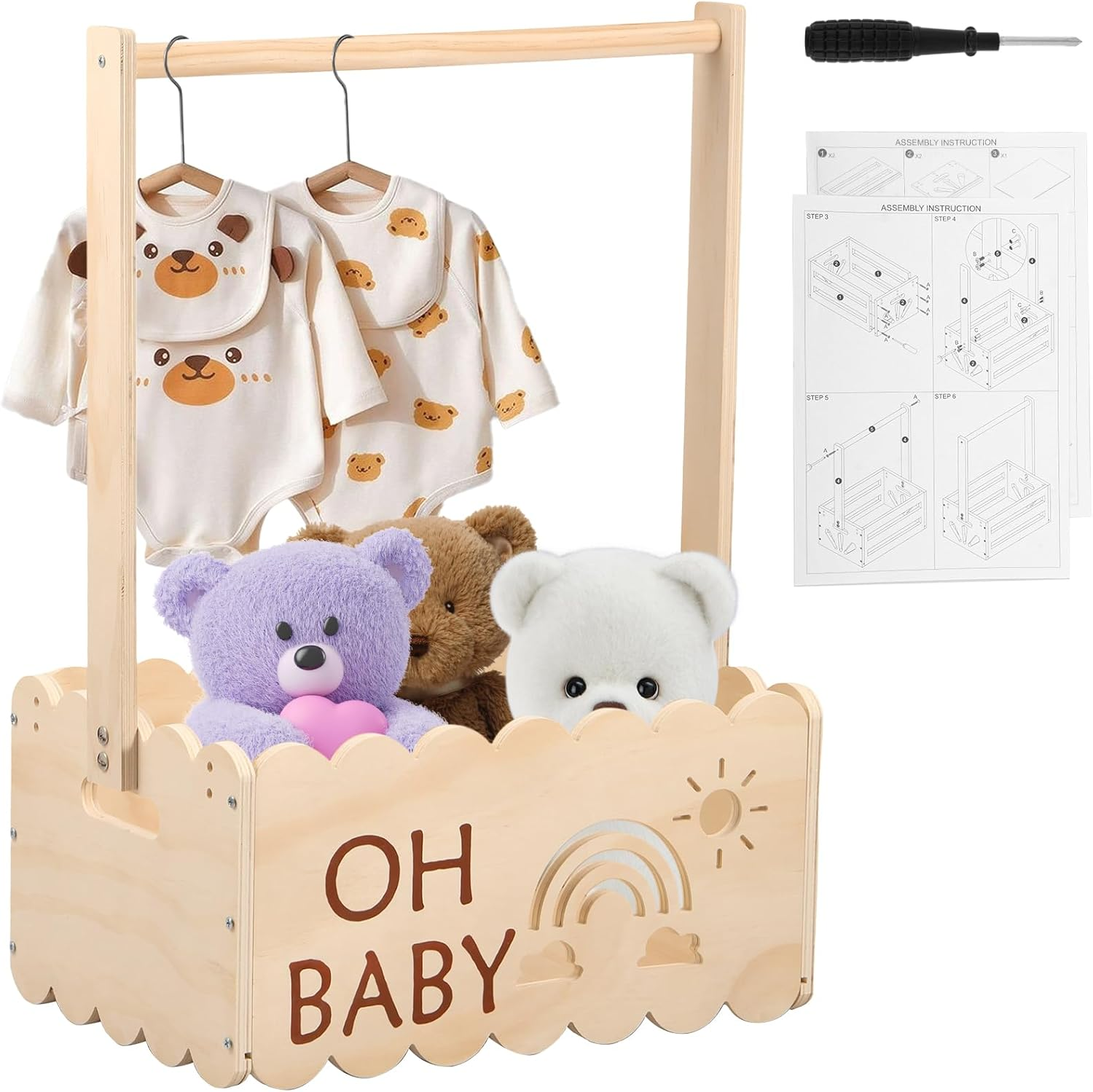 Awobepl Baby Shower Crate with Handle Wood Baby Crate Closet Cute Baby Hamper Basket Practical Baby Storage Crate for New Born Baby New Parents image number 5