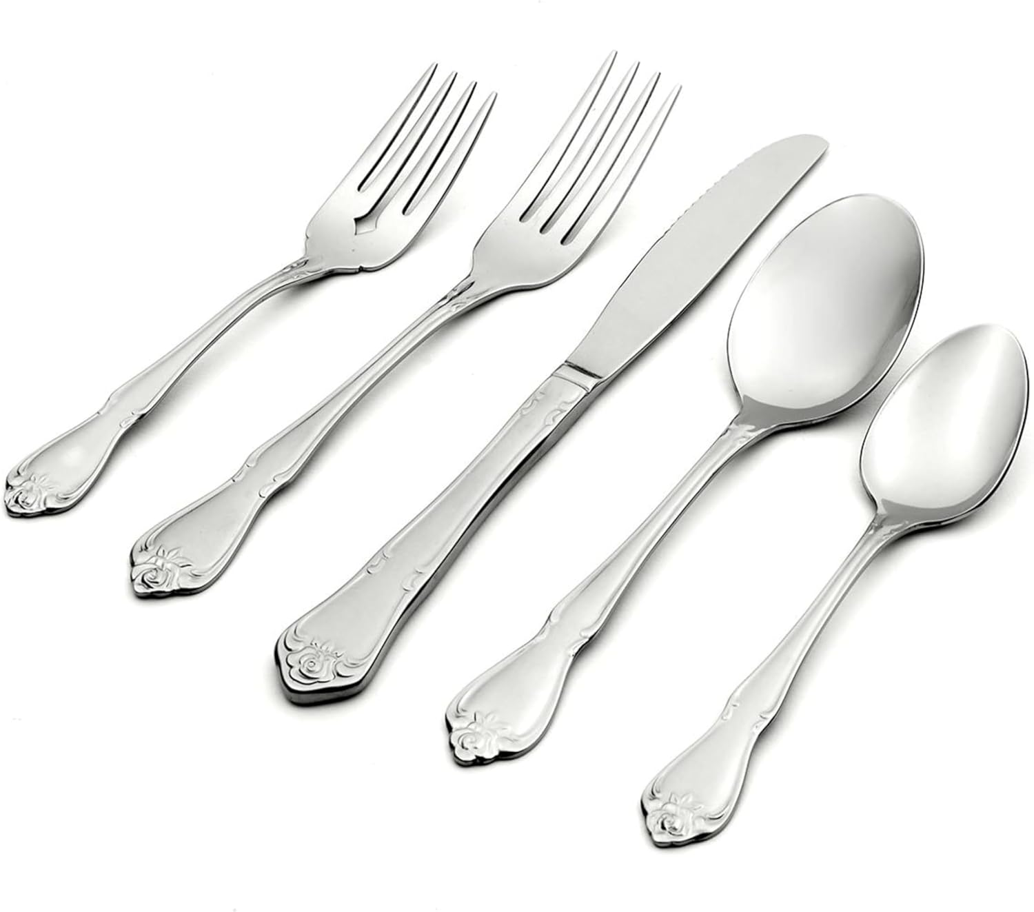 Oneida True Rose 45 Piece Everyday Flatware, Service for 8, 18/0 Stainless Steel, Silverware Set, Silver
