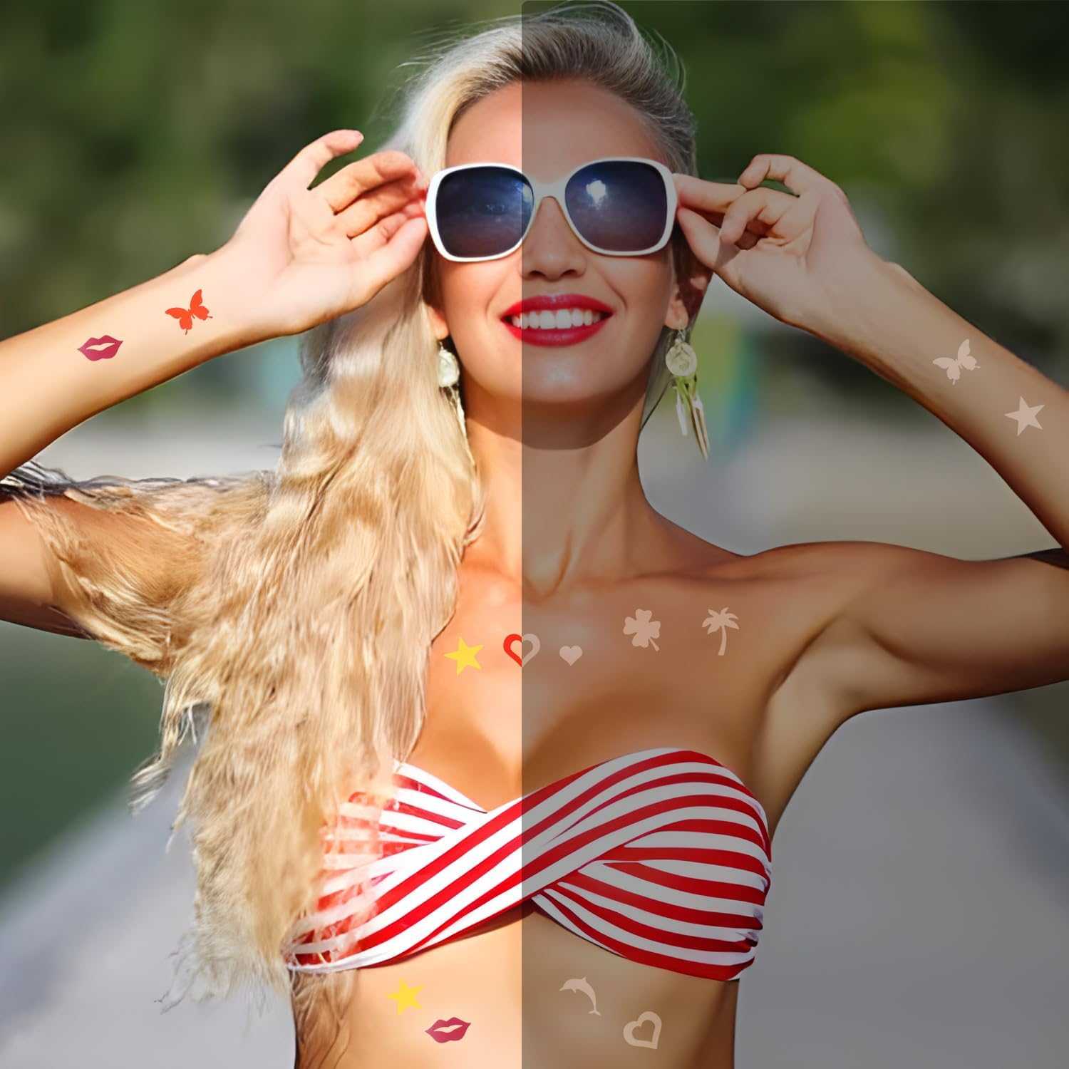 630 Pieces Solar Stickers, Cute Sunbath Sticker Self Adhesive Heart Star Lips Butterfly Coconut Dolphin Sunbed Sticker Removable Sunscreen Stickers for Summer Beach (7 Styles) image number 5