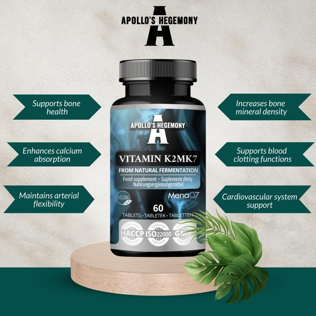 Vitamin K2 MK7 60 Vegan Tablets - 100 &Mu;g per Portion - up to 4-Month Supply - for Bone Health and Blood Clotting Support - Dietary Supplement - by Apollo&rsquo;S Hegemony image number 5