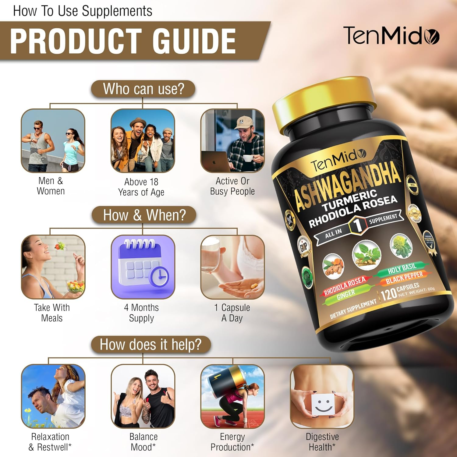 Tenmido Ashwagandha Supplements - 6In1 with Turmeric, Rhodiola, Ginger, Holy Basil & Black Pepper - 120 Vegan & Non-Gmo Capsules