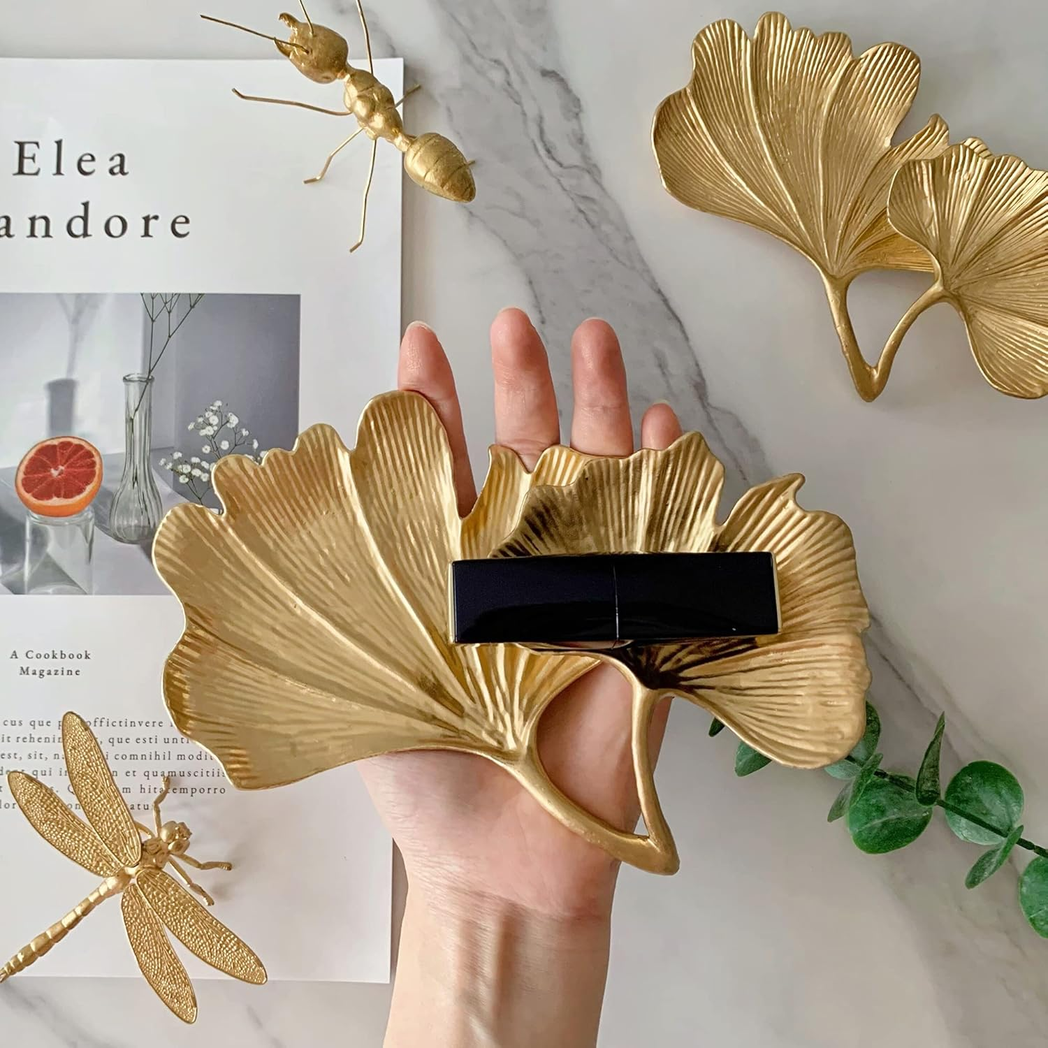 Metal Jewelry Dish, Small Leaf Shaped Ring Holder Jewelry Organizer, Trinket Dish Vanity Tray for Dresser Christmas Birthday Wedding Gifts 2-Tier Ginkgo(Large)-Gold image number 3