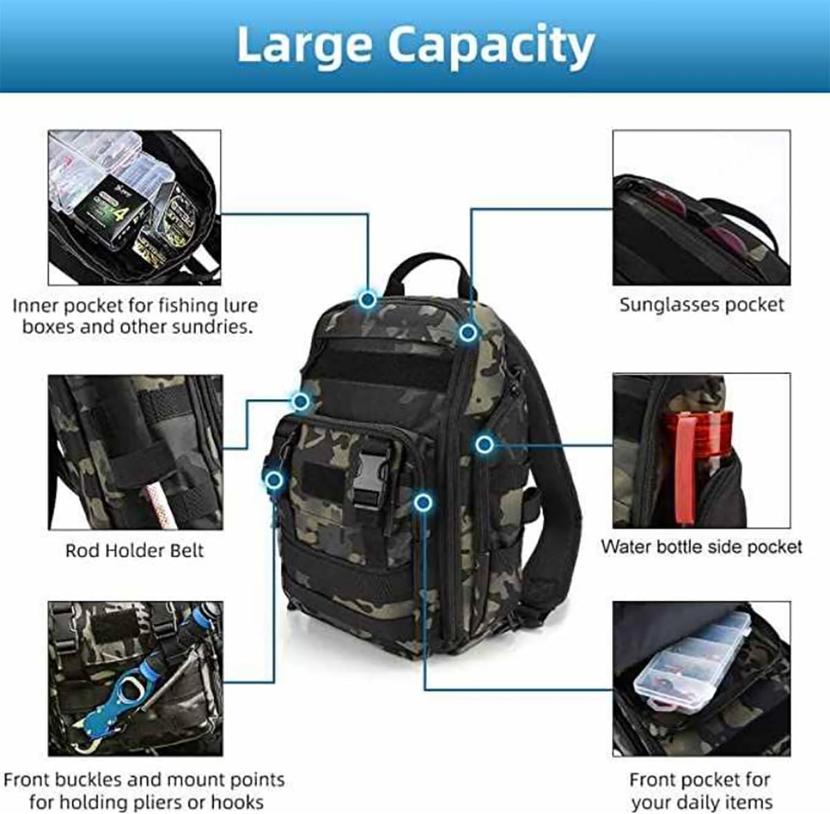 AIMALL Tactical Backpack - Expandable 600D Nylon Military Backpack with MOLLE System, Multiple Compartments, Water-Resistant, Hydration Compatible for Travel and Combat - Black image number 3