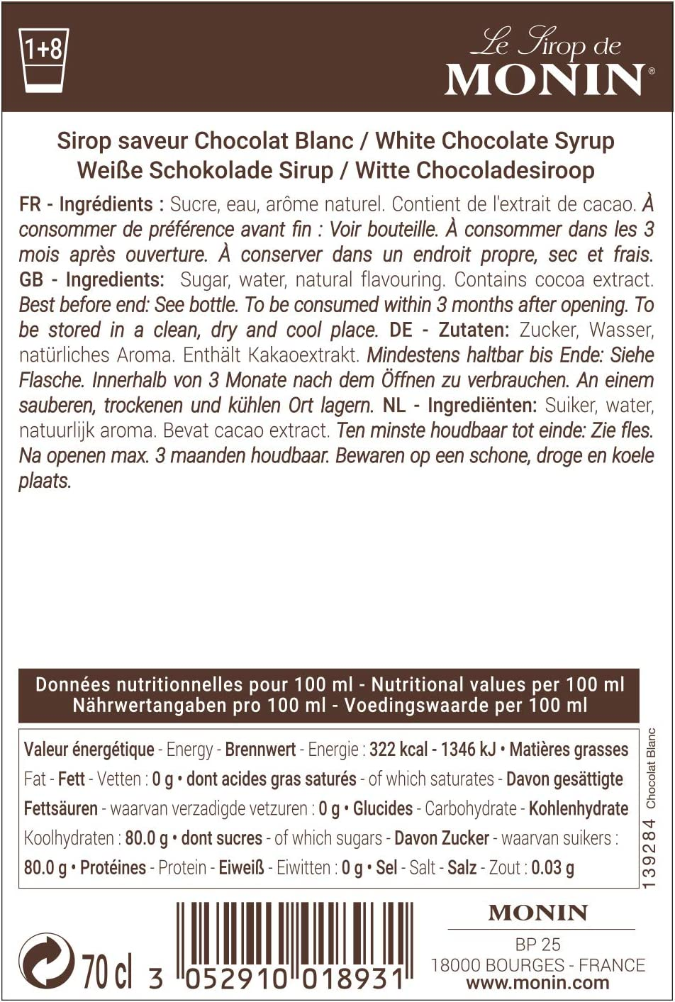 Monin White Chocolate Syrup, 700 Ml (Pack of 1), 730600 image number 1