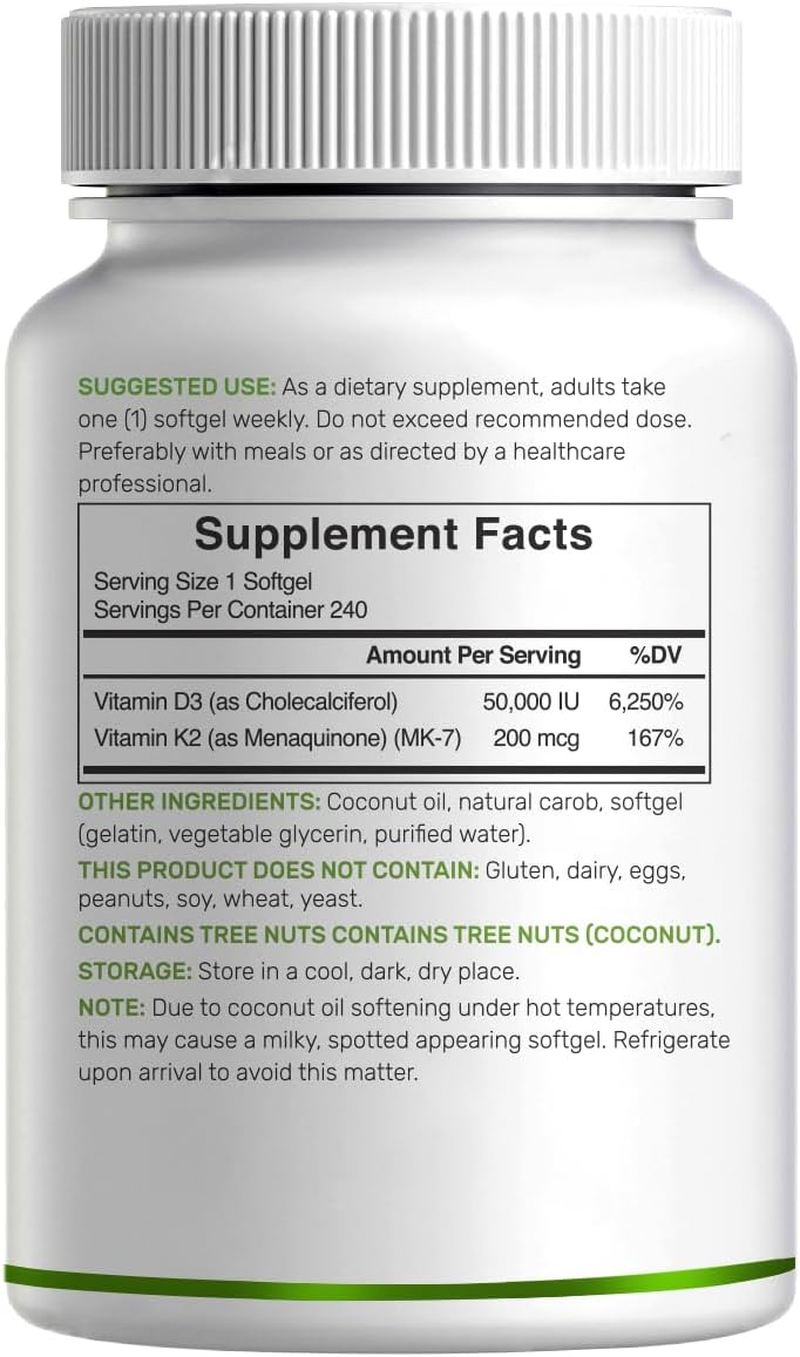DEAL SUPPLEMENT Vitamin D3 50,000 IU + K2 MK7 200 Mcg,240 Softgels | Virgin Coconut Oil, Max Strength Vitamin D & K, Promotes Heart, Bone, & Teeth Health &ndash; One Softgel Weekly, Easy to Swallow image number 1