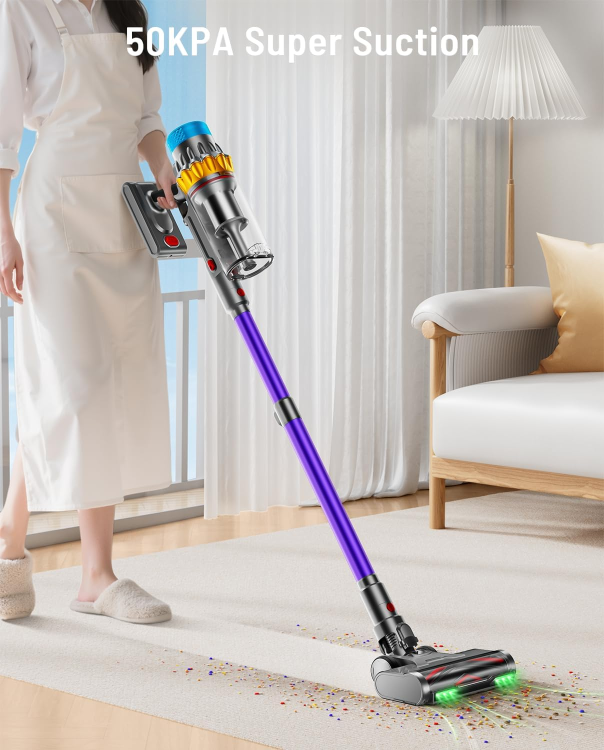 Cordless Vacuum Cleaner, 600W 50KPA 70Mins Cordless Stick Vacuum Cleaners with Self-Standing, LED Screen, Wall-Mounted Charging, Anti-Tangle Stick Vacuum Cleaners for All Floors (Purple) image number 3