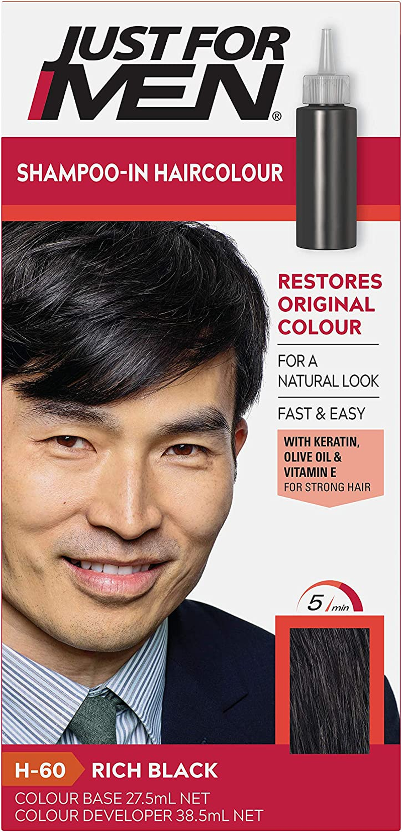 Just for Men Shampoo-In Colour, Grey Hair Dye for Men, Various Shades, Restores Original Colour for a Natural Look - Real Black, H-55 image number 4