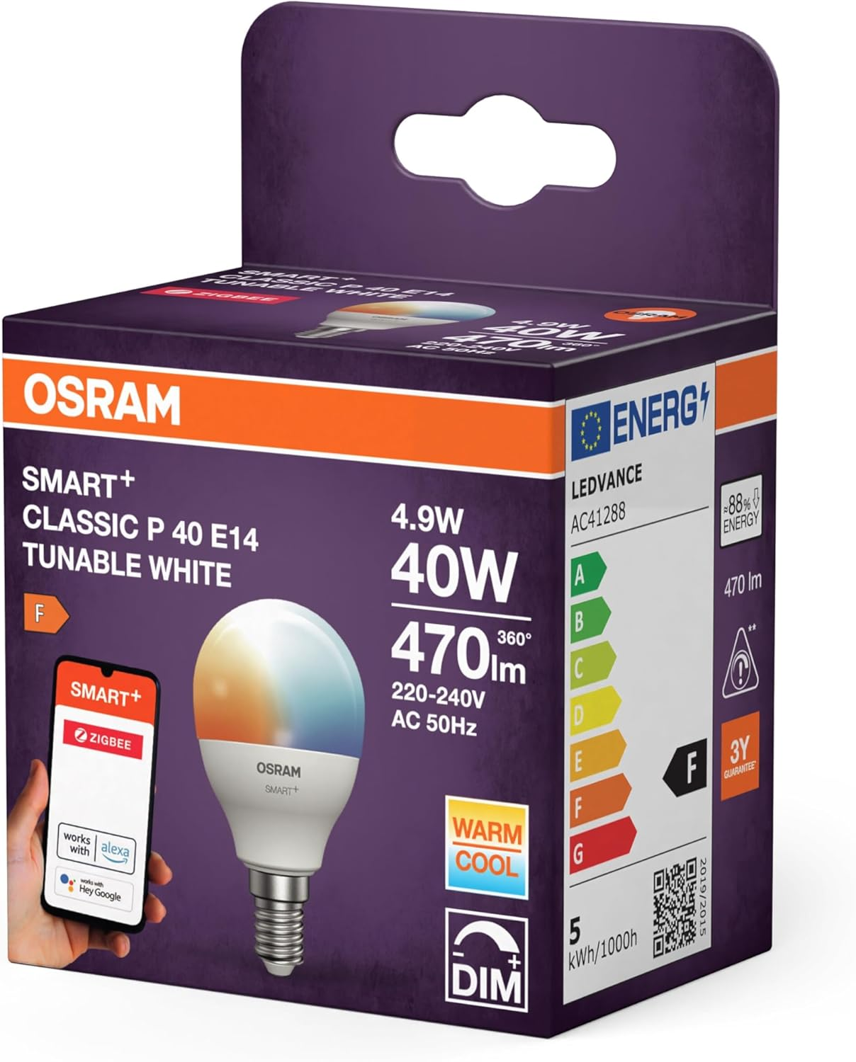 OSRAM Smart Zigbee Classic Mini Ball LED Lamp, P40 TW Dimmable 4.9W Frosted E14, Classic Mini Ball Lamp in White, IP20 Protection, for Home and Commercial Use image number 1