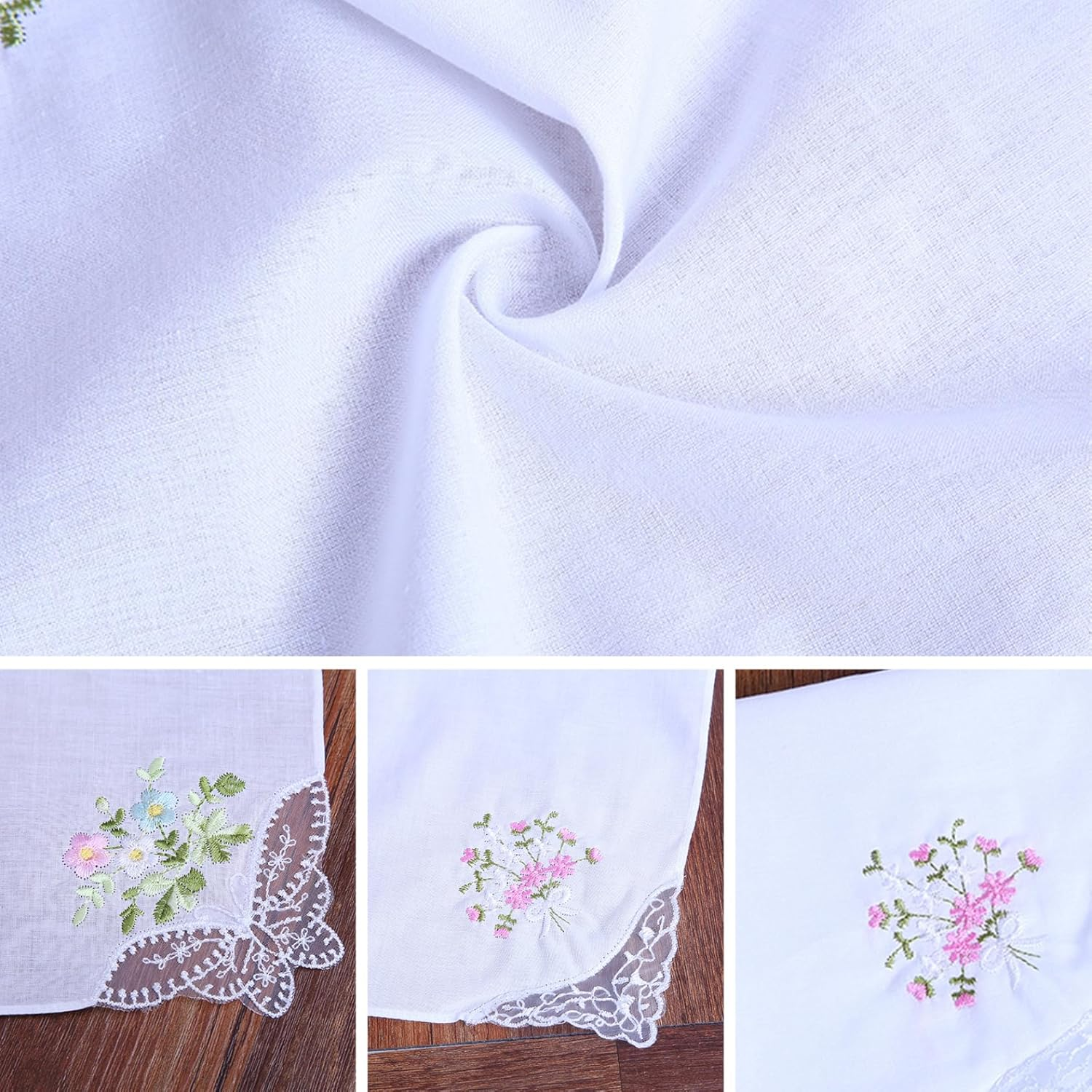 Handkerchiefs for Women 12PCS Pocket Square 11X11Inch Cotton Flower Embroidered Handkerchief with Lace White Hankies for Women Tea Favors, Random Type image number 3