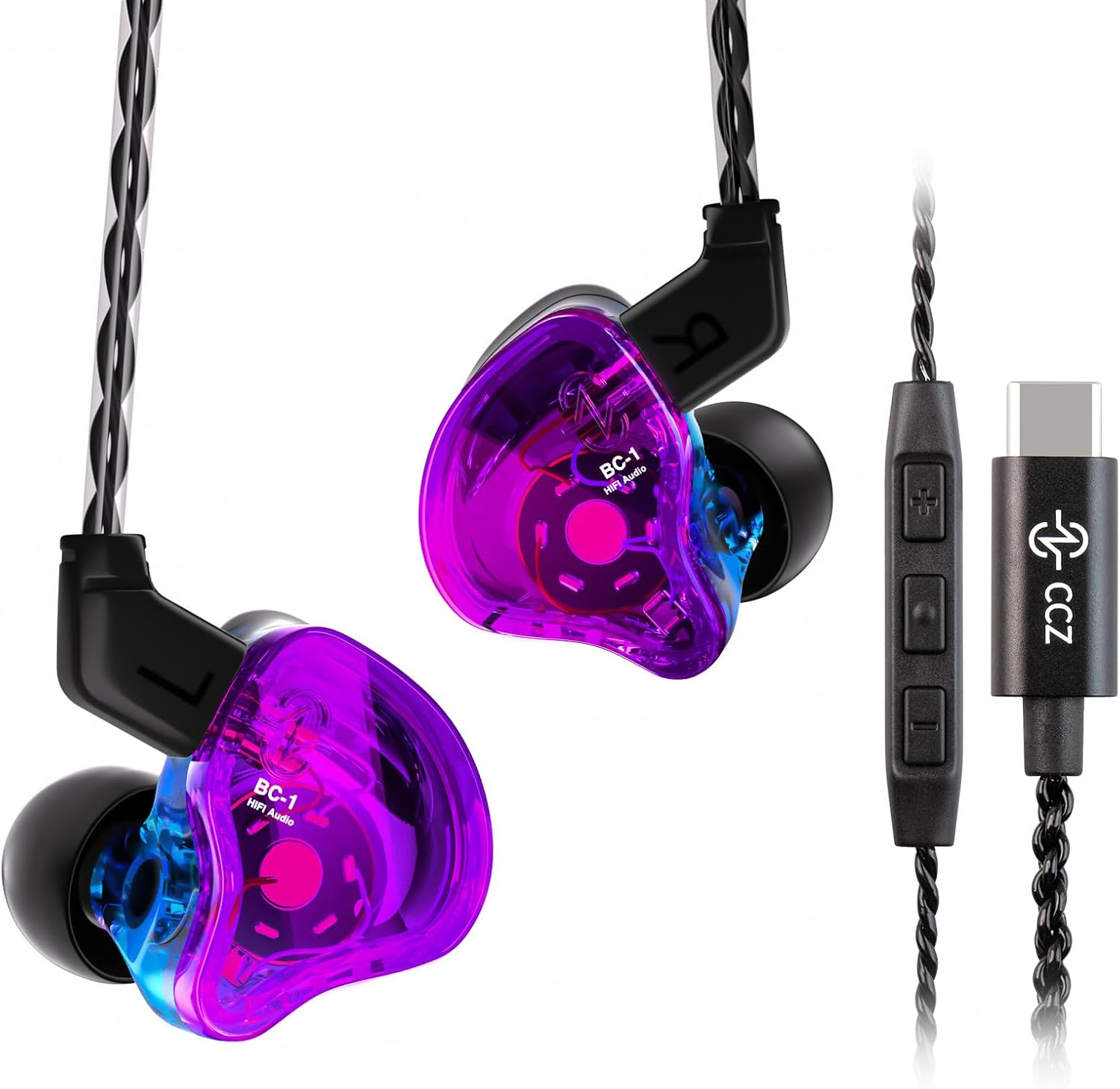 Yinyoo CCZ Melody USB-C In-Ear Monitors Hybrid 1BA 1DD Hifi Headphones, Deep Bass, Lightweight In-Ear Headphones IEM with 4N OFC Cable for Musicians/Drummers/Bassists (Purple Blue, with Microphone image number 4