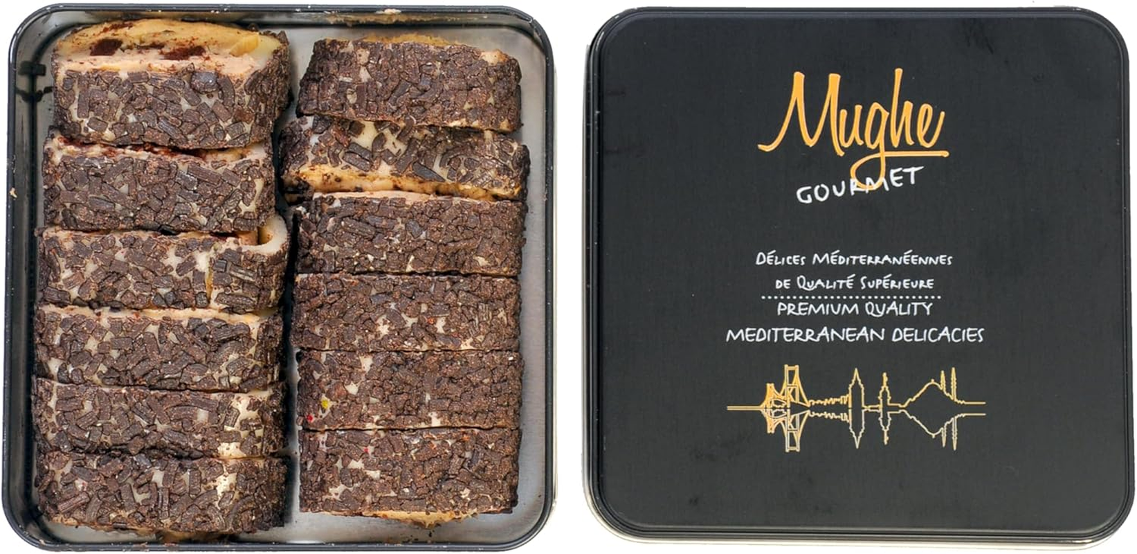 Mughe Gourmet Cocoa Cream Turkish Delight 350G Gift Metal Box with Chocolate Cookie Crumble Filling - Premium Rolled Lokum image number 2