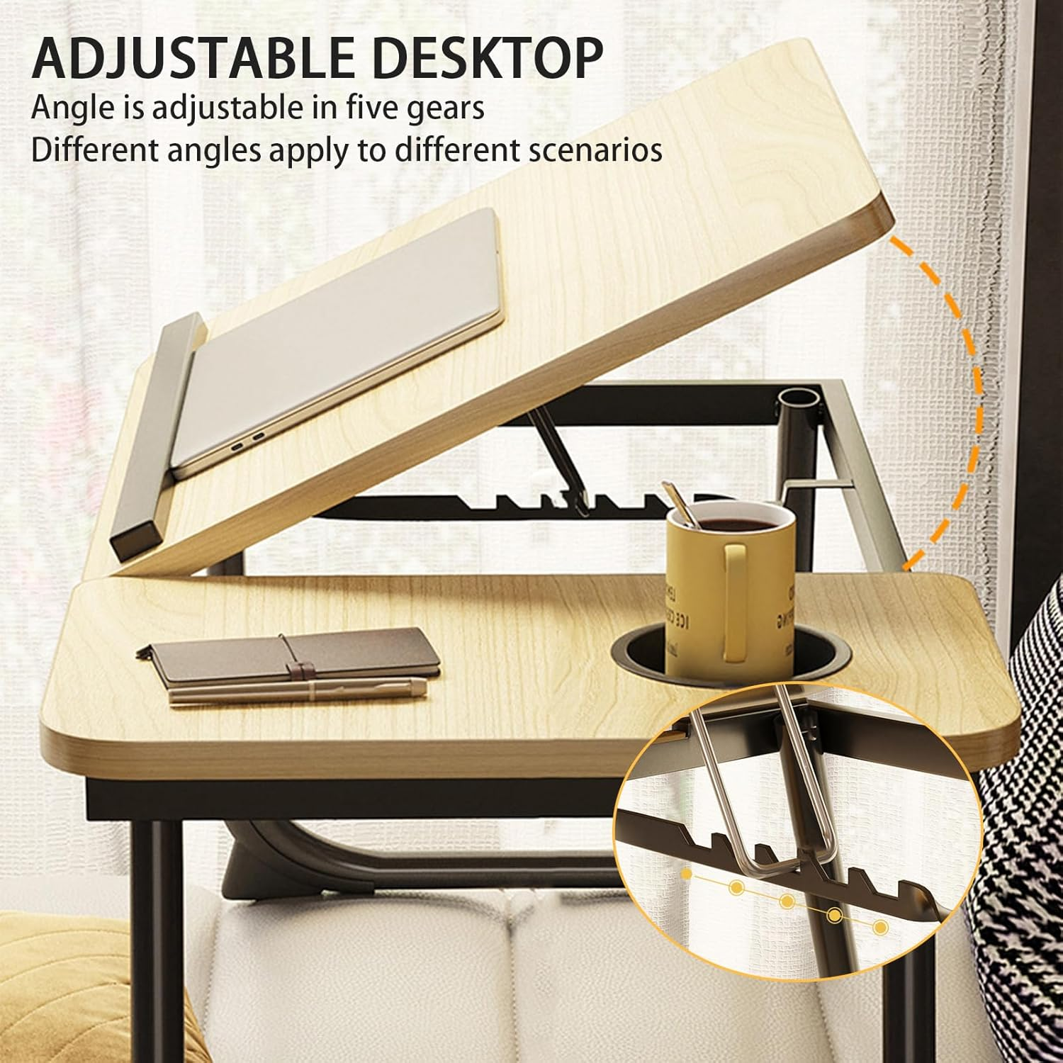 Laptop Desk for Bed, Adjustable Laptop Stand with 5 Adjustable Angles, Portable Lap Tray Table with Cup Holder, Laptop Bed Desk Tray for Eating Working Reading (Yellow)