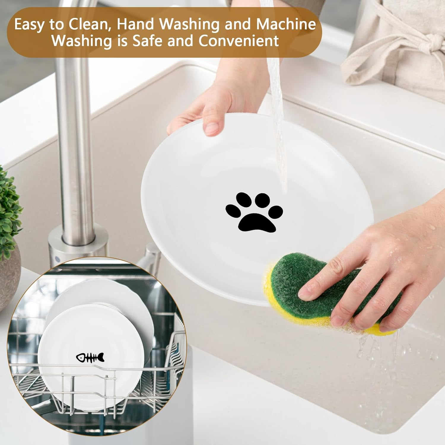 Ceramic Cat Bowl, Pack of 3 Cat Bowls, Flat with Non-Slip Silicone Base, Feeding Bowl for Cat from Whiskers Fatigue, Feeding Bowls for Cats, Kittens, Dogs