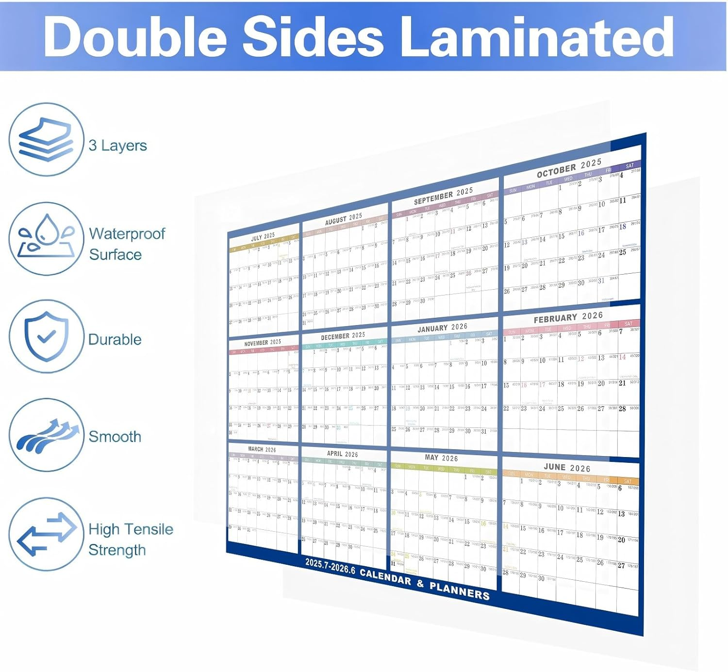 2025-2026 Wall Calendar Large, 58 X 88 Cm - Runs from July 2025 until June 2026, Wet & Dry Erasable Laminated 12 Month Planner, Reversible, Horizontal/Vertical, 2 Erasable Pens & Double-Sided Adhesive image number 4