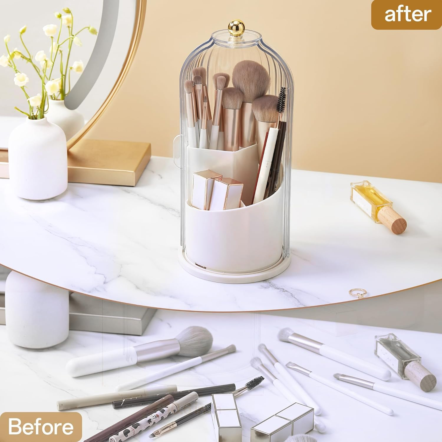 STORICANS Makeup Brush Holder Rotating Organiser with Clear Lid，Sliding Opening Dustproof Makeup Brush Case Makeup Organizer Storage for Dressing Table Organiser,Vanity,White - White image number 1