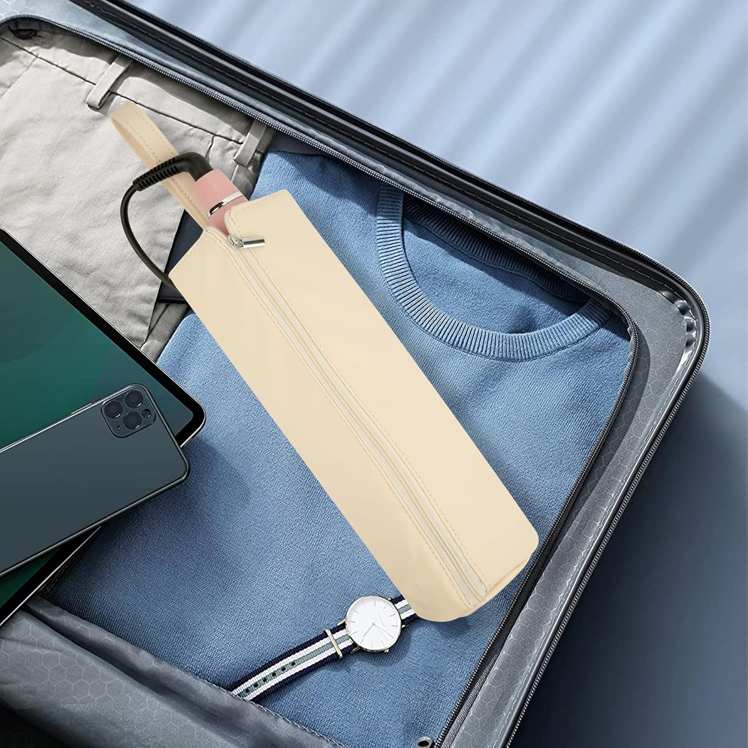 Reignsword Hot Iron Holder & Mat, Heat Resistant Hot Tools Organizer, Portable Hair Tools Travel Bag for Curling Irons, Flat Irons, Hair Straightener and Styling Tools (Beige) image number 2