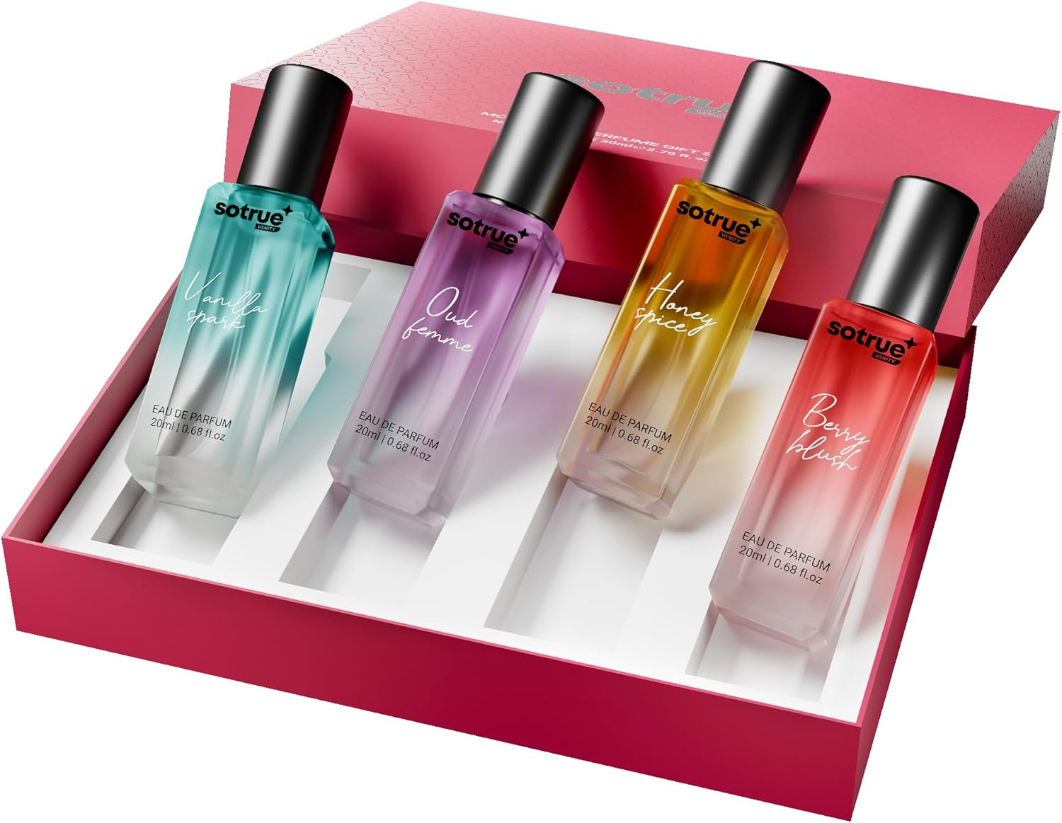 Sotrue Perfume for Women Gift Set Pack of 4X20 Ml Eau De Parfum Premium Luxury Long Lasting Fragrance Spray Berry Blush, Honey Spice, Oud Femme Vanilla Spark 4X20 Ml