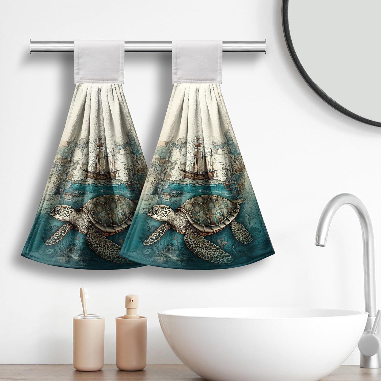Cneztholim Sea Turtle Hanging Kitchen Towels Set of 2 Summer Ocean Turtle Hand Towel with Loop Coastal Tortoise Sailboats Hanging Dish Towels Absorbent Tie Towel for Bath Kitchen Home - Blue Coral image number 4