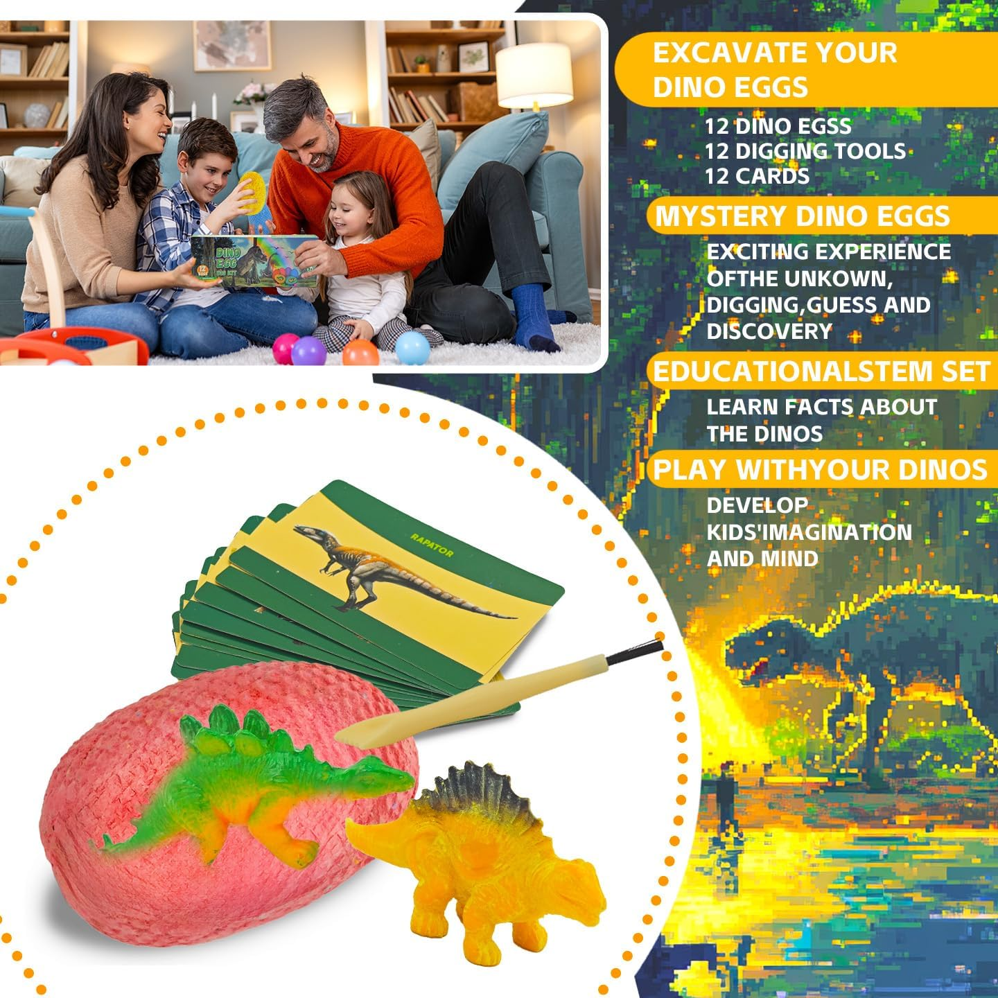 Dinosaur Egg Dig Kit &ndash; 12 Colourful Dino Eggs with Digging Tools & Learning Cards, STEM Science Toy for Kids, Fun Excavation & Fossil Discovery Set image number 2