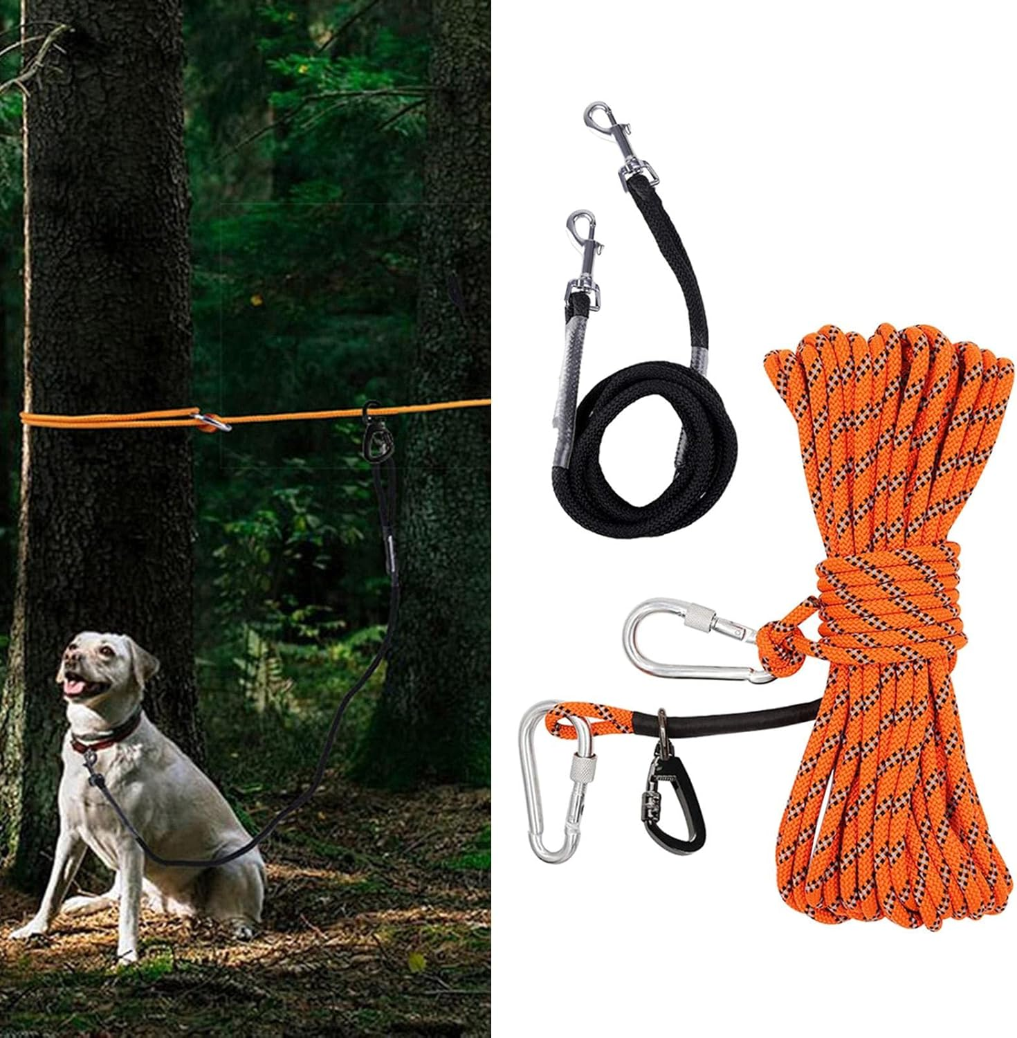 JISADER 50Ft Dog Trolley Runner Cable Carabiners Pulley Smooth Sliding Tether Ropes Outdoor Activities Gardens Camping