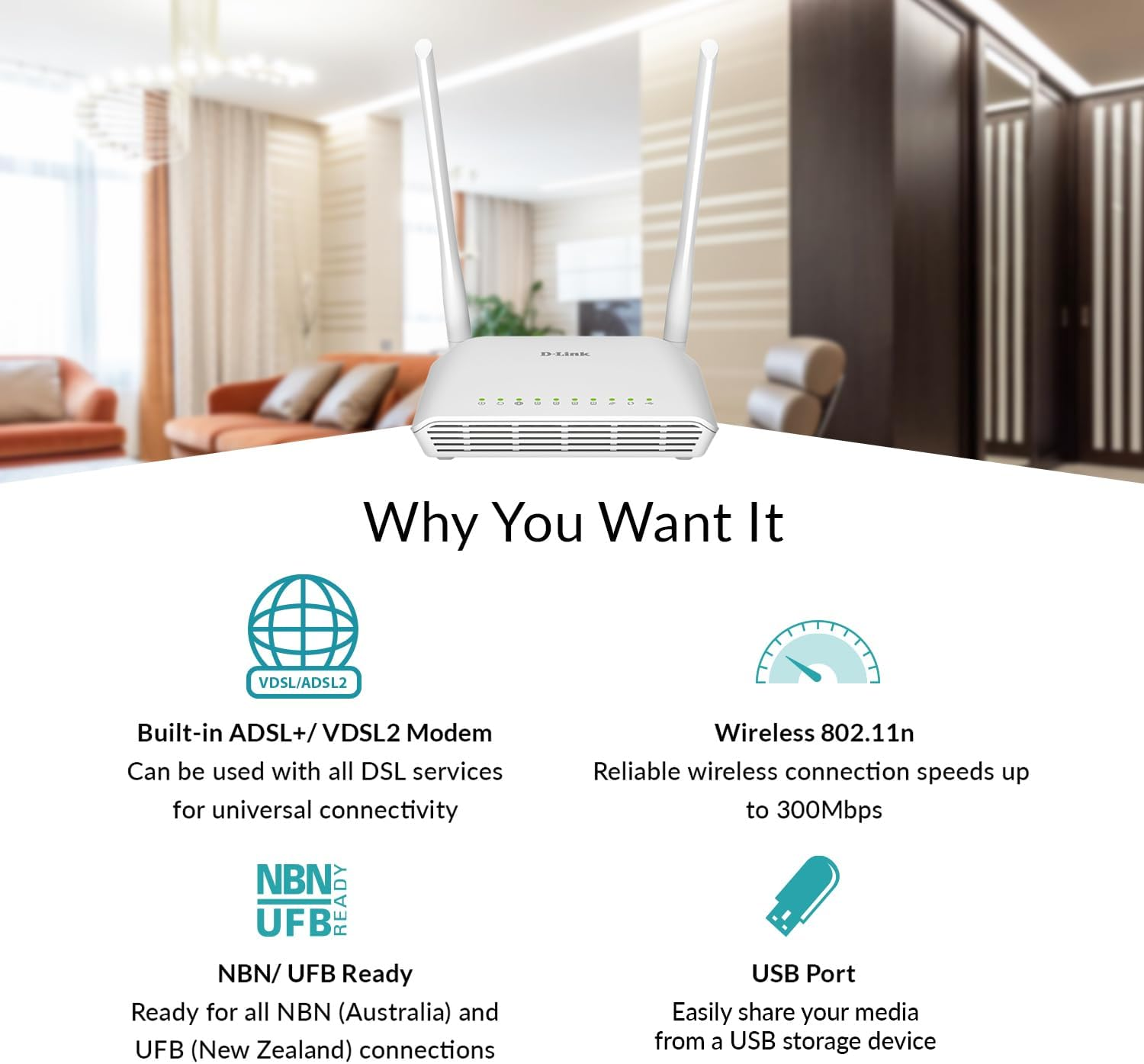 D-Link DSL-226 N300 Wireless VDSL2/ADSL2+ Modem Router - Wifi 4, NBN Compatible, 4 X LAN Ports, USB 3.0, Gaming & Networking Devices image number 5