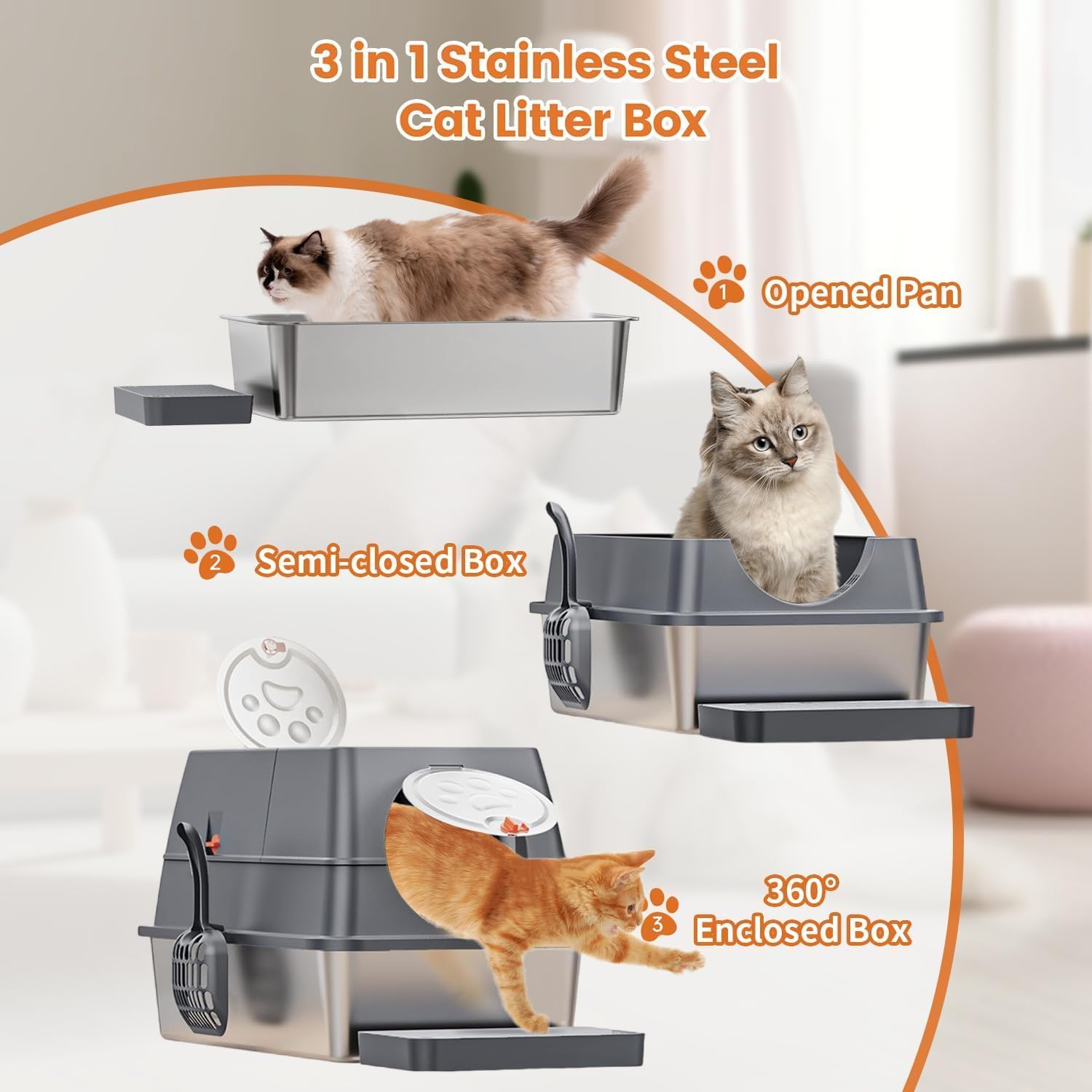 ZALLUC Stainless Steel Cat Litter Box with Lid, Flip-Top Extra Large Cat Litter Pan, Enclosed Metal Litter Box with Litter Scoop & Filter Pedal, Anti-Leakage, Odor Free, Front & Top Dual Entry(Grey) image number 2