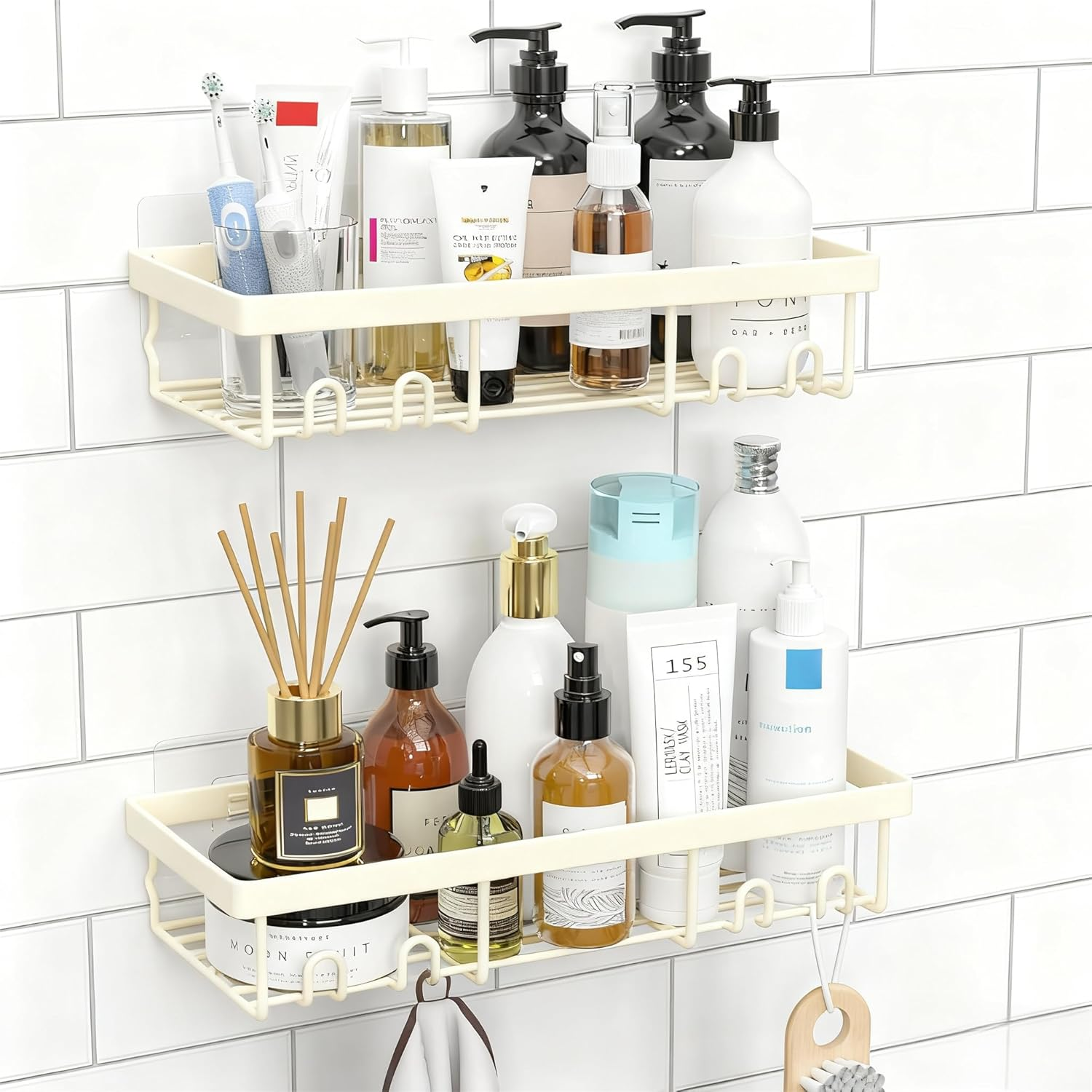 Moforoco Shower Caddy Shelf Organizer Rack, Self Adhesive Black Bathroom Shelves Basket, Home Farmhouse Wall Shower inside Organization and Storage Decor Rv Accessories, Metal Black