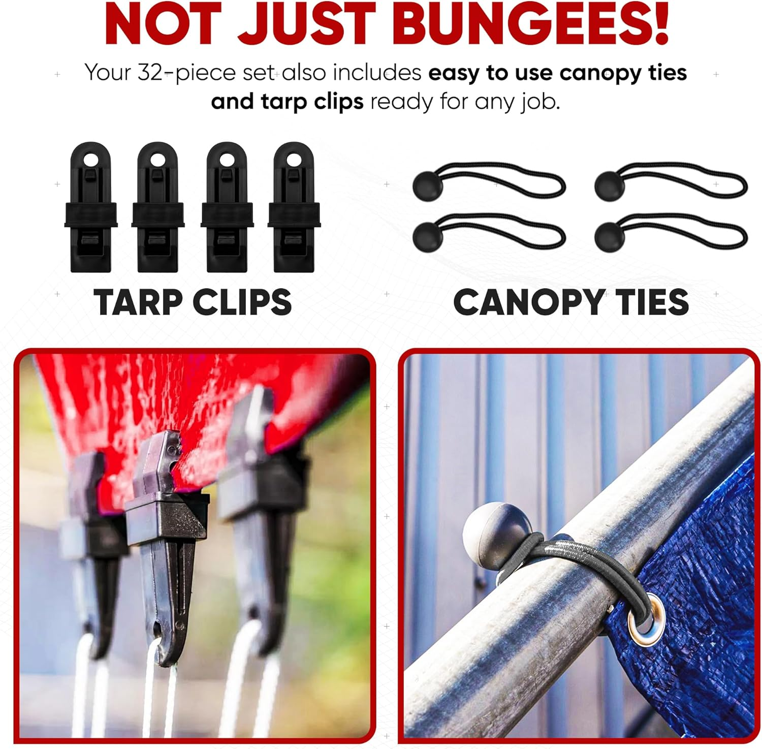 FORTEM Bungee Cord Assortment, 32Pk Bungee Cords Multi Pack, Includes 10", 18", 24", 32", 40" Bungees and 8" Canopy/Tarp Ball Ties, Plastic Coated Metal Hooks image number 3
