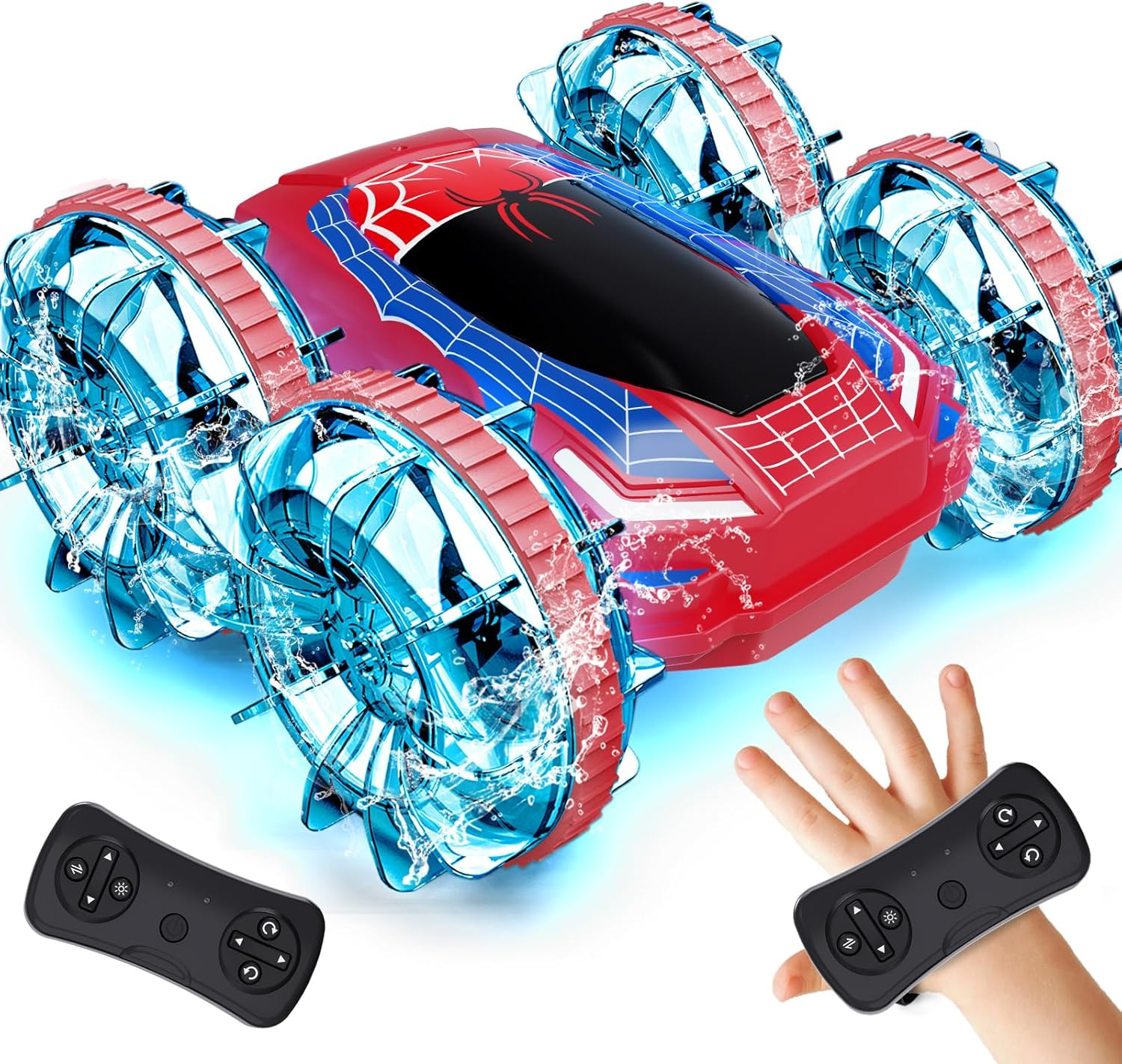 Tecnock Amphibious Remote Control Car Boat, 4WD Gesture RC Cars with Magnetic Charging, 60 Min Playtime, LED Lights, Pool Toys for Kids Ages 6-12, Toys for Boys Girls (Red) image number 6