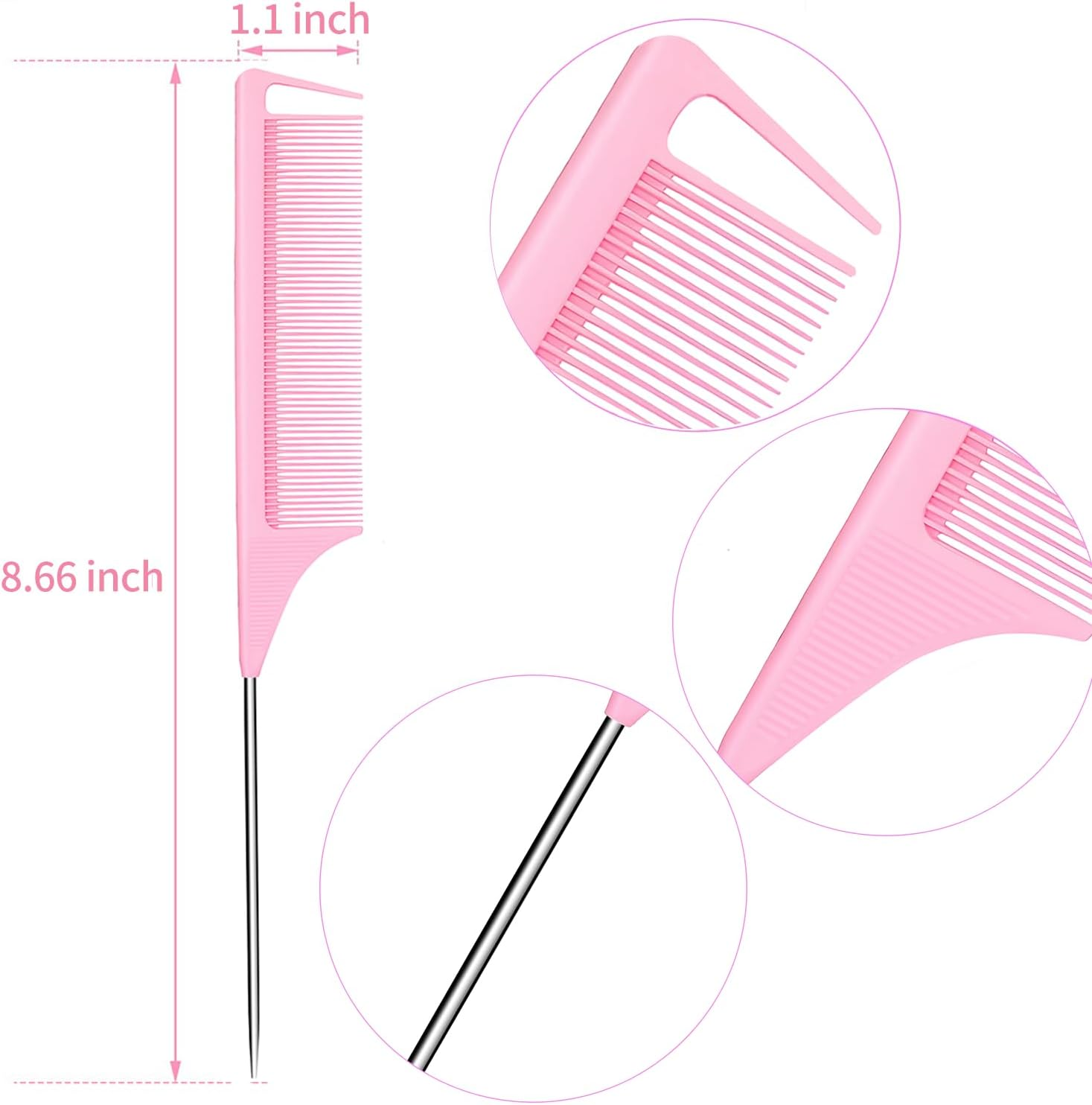 Rat Tail Combs 12PCS, Parting Combs for Braiding Hair Carbon Fiber Heat-Resistant Anti-Static, for Sectioning, Parting, Styling Hair (Black+Pink) image number 4