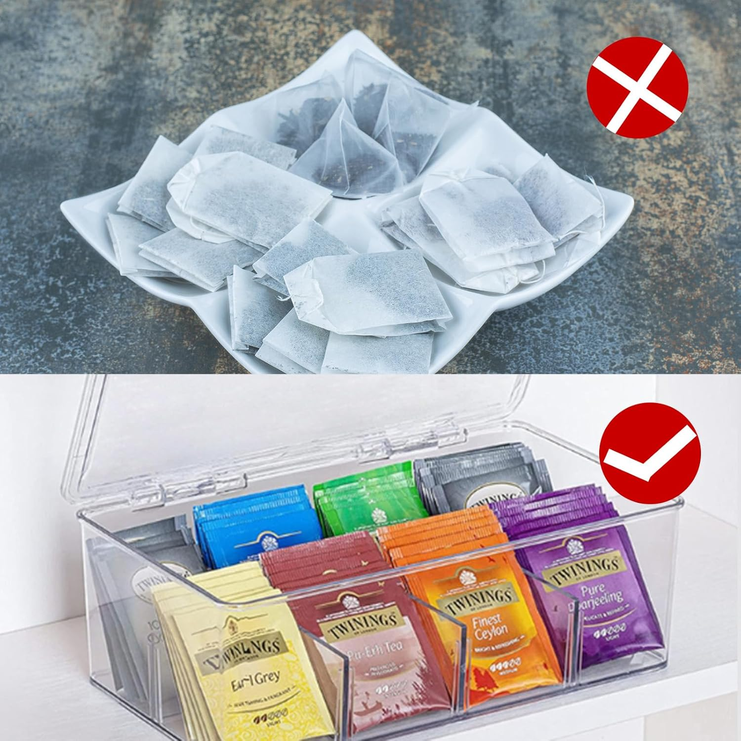 Tea Bag Organizer 2 Pack with Removable Dividers Tea Storage Box 8 Adjustable Compartments 11.1 X 6.37 X 3.7 Inches Clear Acrylic Tea Holder image number 1