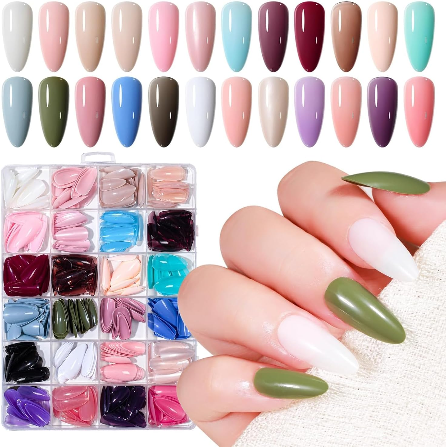 Press on Nails, 24 Colors 576PCS Medium Almond False Nails with 12 Sizes, Full Cover Press on Nails for Women, Lightweight Matte Natural Fake Nails for Nail Art Design (Almond)