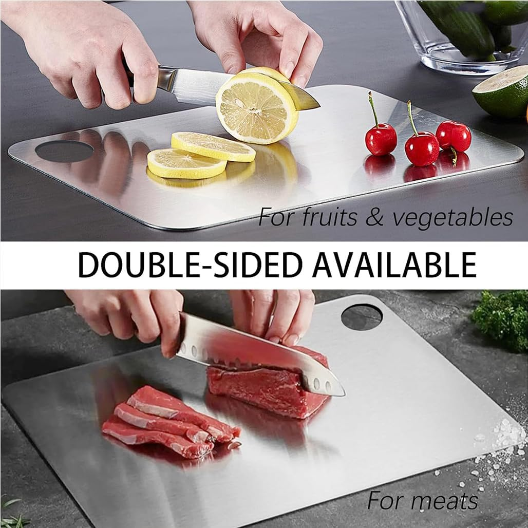 Goodern Titanium Cutting Board,Stainless Steel Double Sided Food-Grade Worktop Chopping Board with Hanging Hole,Non Stick Heavy Duty Metal Cutting Mat for Meat Vegetable Fruit Kitchen Home-L(28*39Cm)