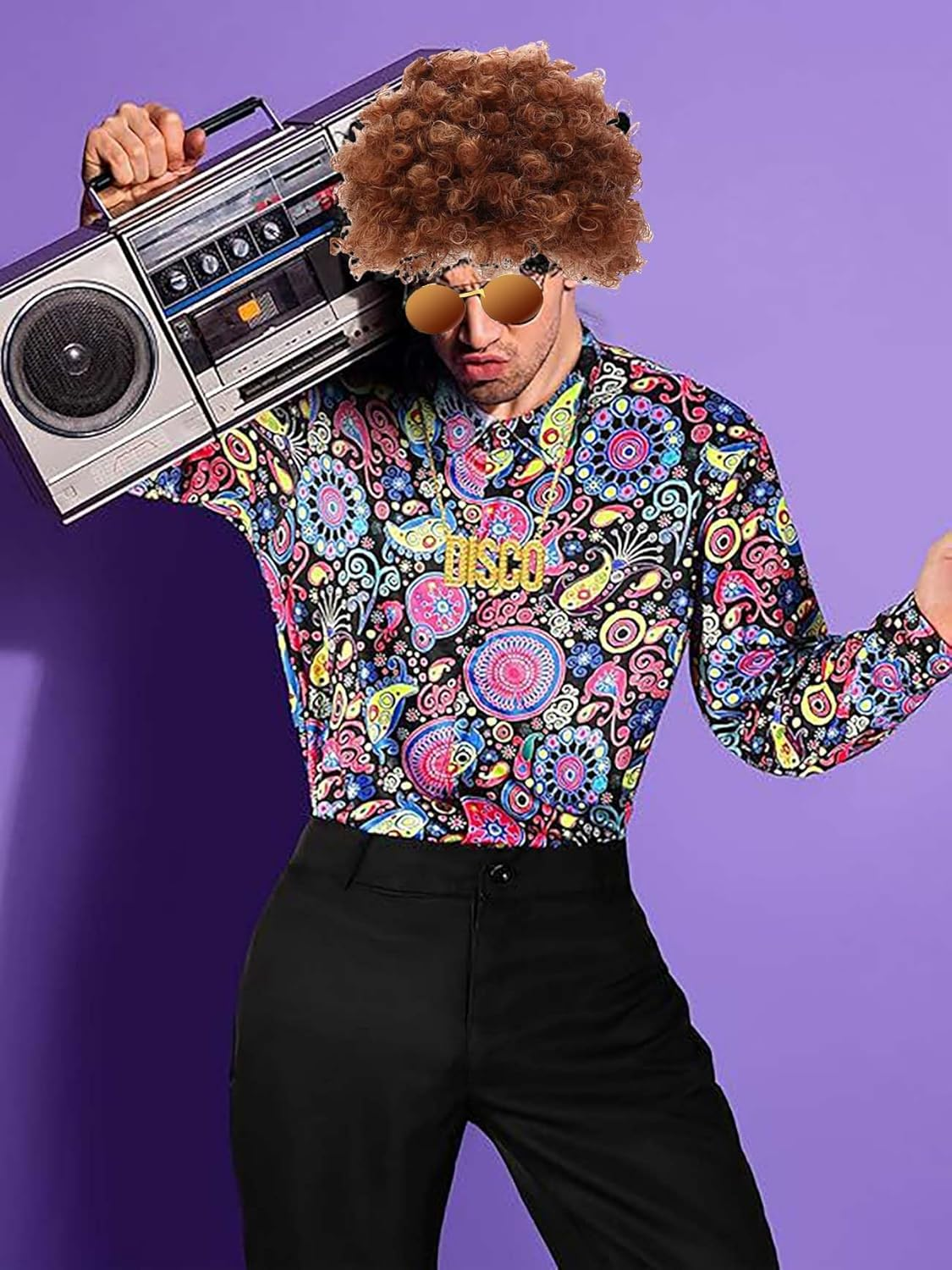 4 PCS Hippie Costume for Mens 60S 70S Disco T-Shirt Afro Wig Accessories Set for Halloween Party Cosplay