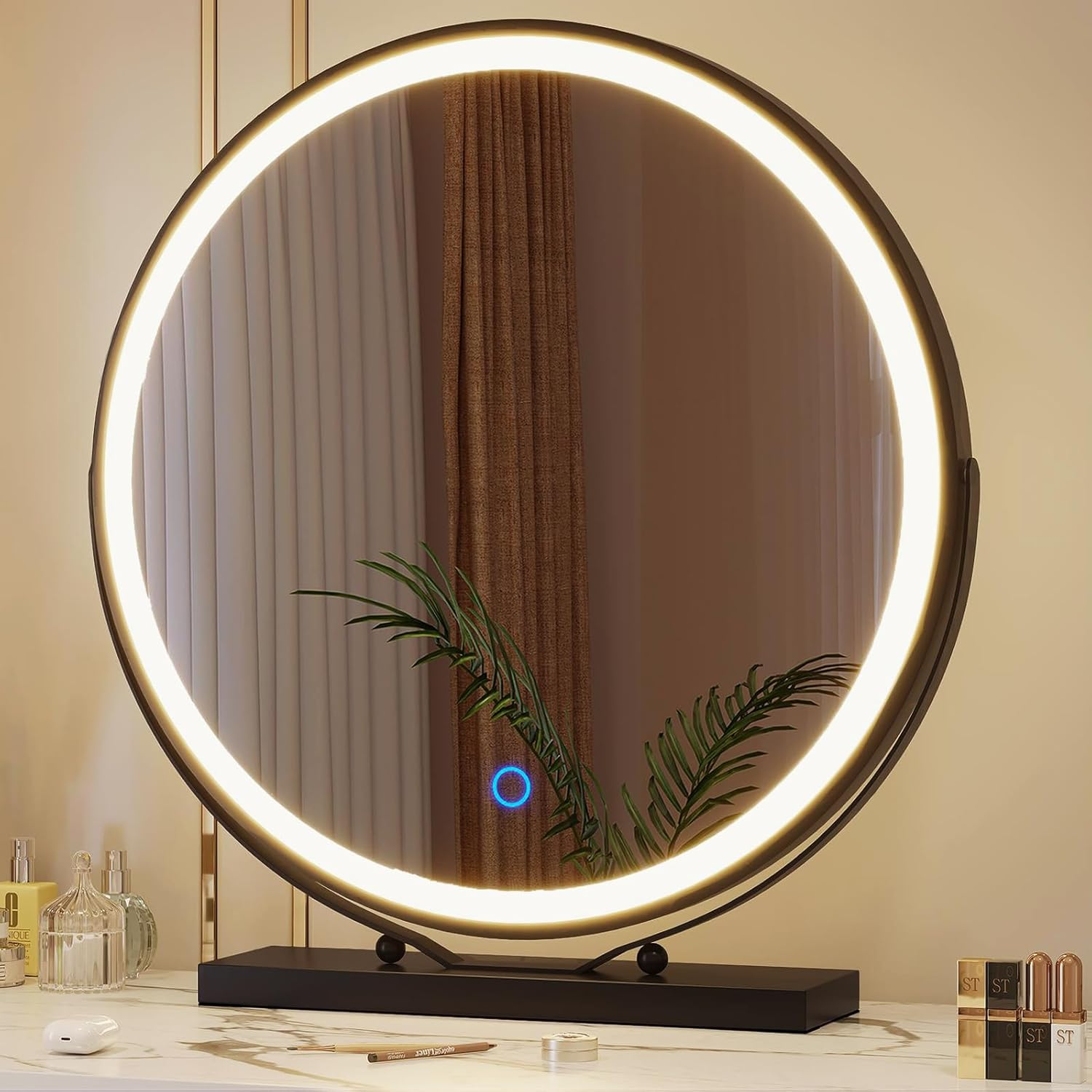 ZKIODV round Vanity Makeup Mirror with Light, 48 X 52 CM LED Lighted Mirror with Dimmable 3 Color Lights, Large Circle Desk Mirror, 360&deg; Light up Mirror for Dresser, Tabletop, Bedroom, White