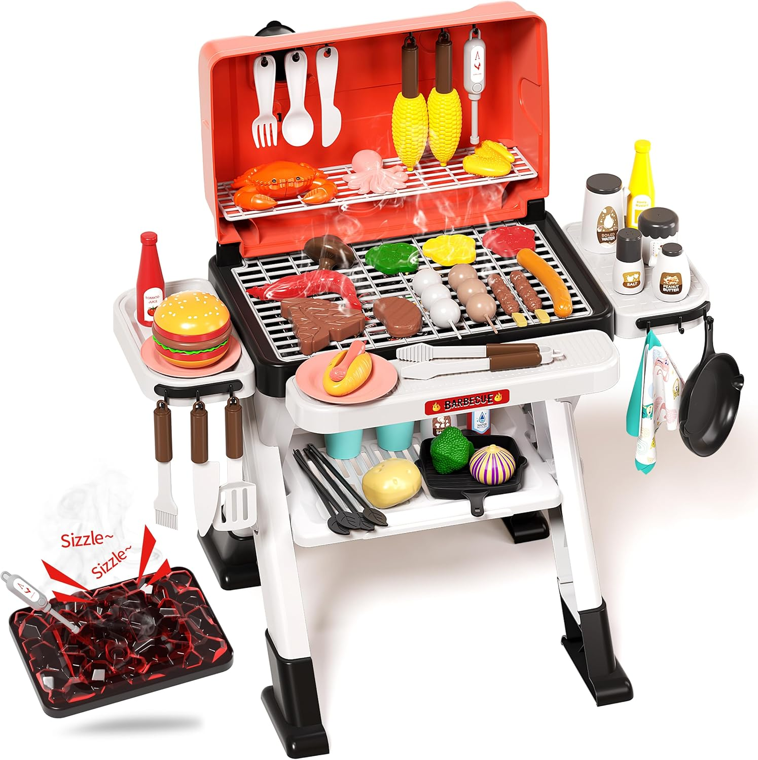 Kids Play Kitchen Toys, Outdoor BBQ Grill Playset with Smoke Sound & Light, Pretend Food Toys Barbecue Cooking Set for Toddlers Boys Girls 3 4 5 6 7 8 image number 5