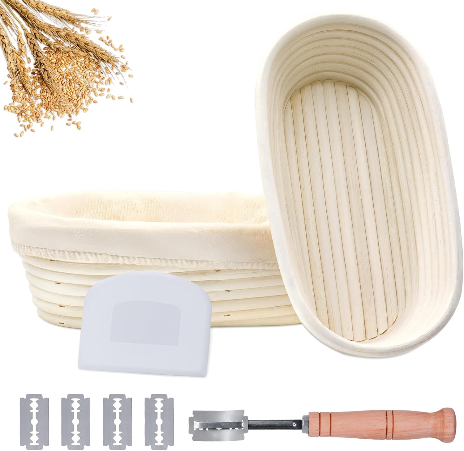 Banneton Bread Proofing Basket Set of 2, 11 Inch Oval Bread Basket Sourdough Bread Baking Supplies Bread Making Tools Proofing Bowls with Bread Lame, Linen Liner and Dough Scraper image number 2