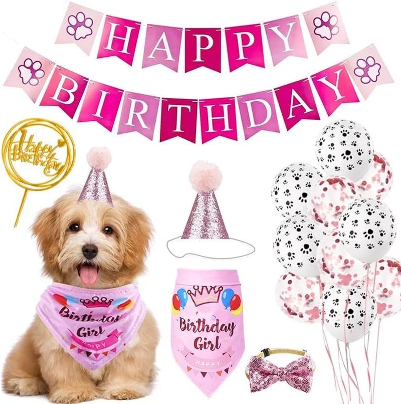 Pet Birthday Set Dog Party Flag Banner Birthday Hat Balloon Mouth Water Scarf Decorative Prop