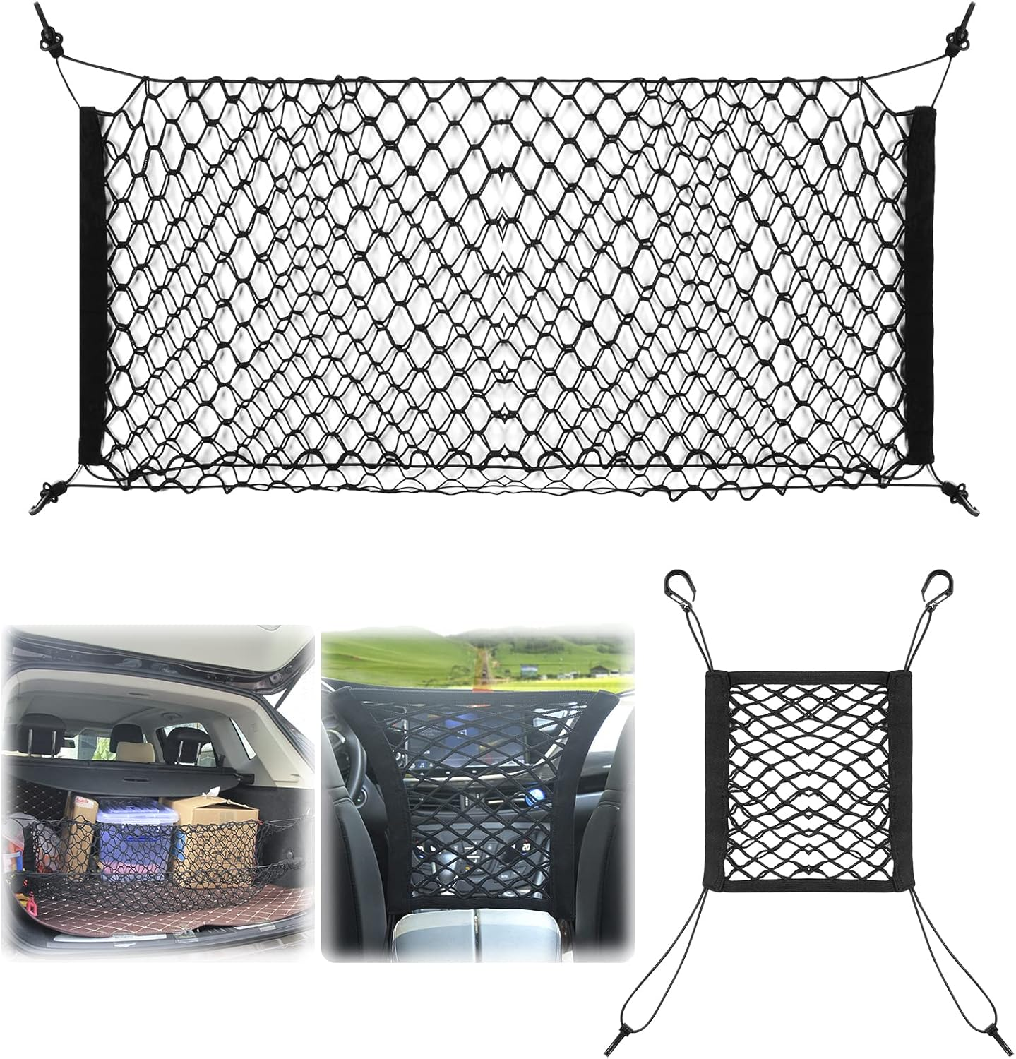 HOMEE Cargo Net Set, 2 Packs Adjustable Mesh Cars Trunk Net and Elastic Trunk Net Bag between Seats Universal Car Cargo Storage Organizers with Hooks for Pick-Up/Jeep/Suv, Full Black image number 1