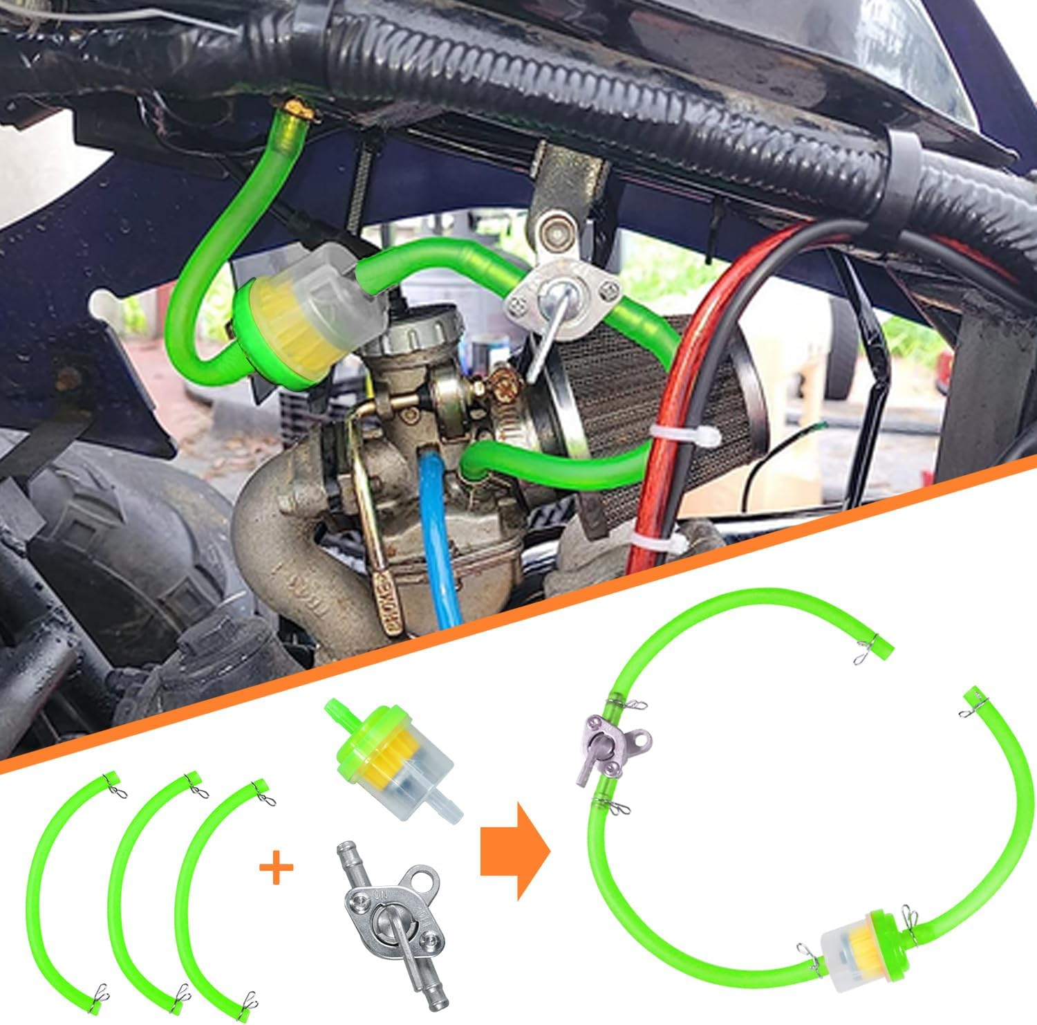 HOLATO Gas Fuel Line Hose Clamps Fuel Filters with Inline Shut off Valve Petcock Set for 50Cc 70Cc 90Cc 110Cc 125Cc 150Cc Taotao Coolster Apollo Baja ATV Four Wheeler Dirt Pit Bike (GREEN) - Blue image number 4