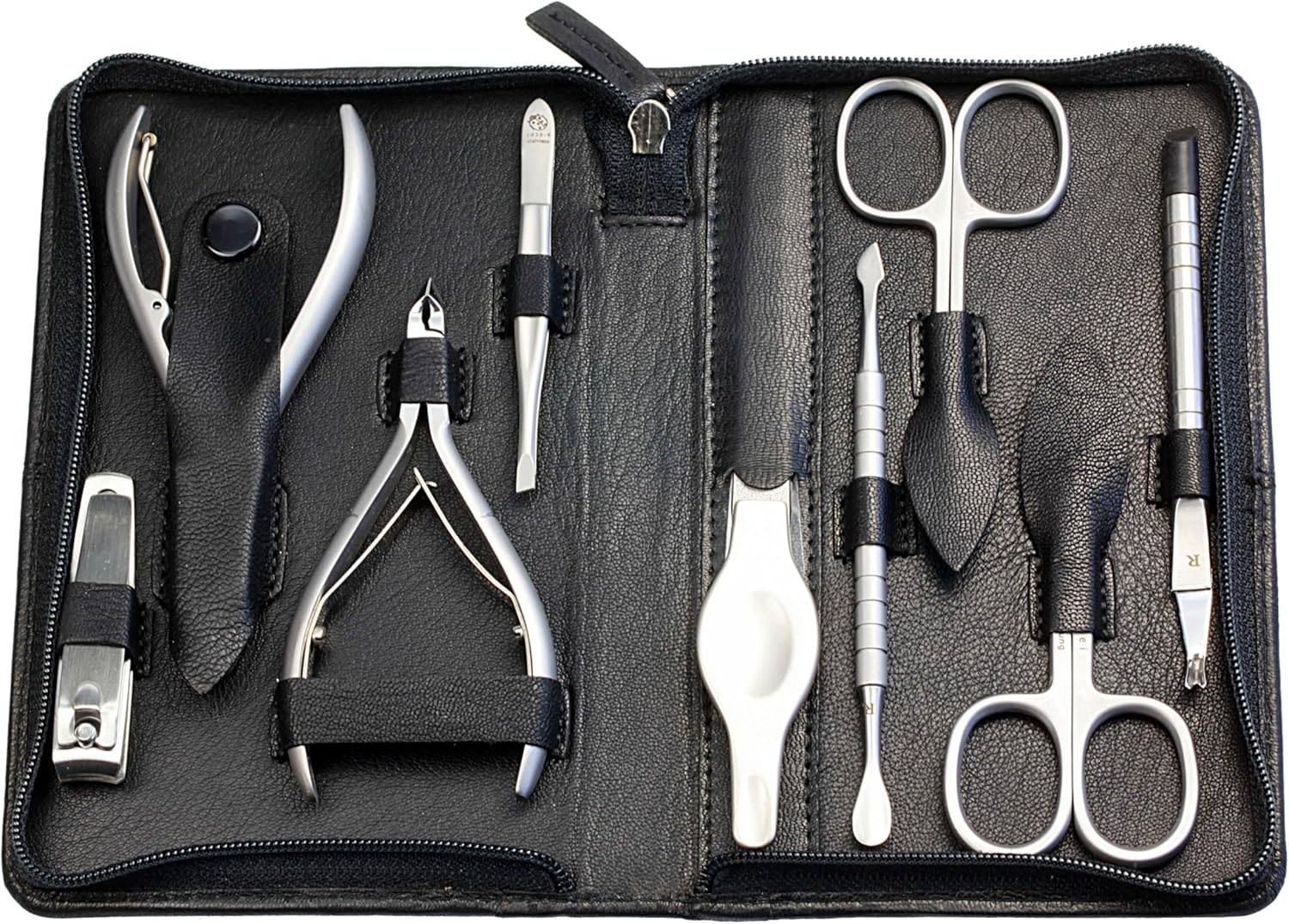 Sonnenschein by Hans Kniebes Manicure Set 9 Pieces Nail Scissors, Cuticle Scissors, Nail Clippers, Cuticle Nippers, Clippers, Tweezers, File, Manicure Case Nappa Sheepskin Black