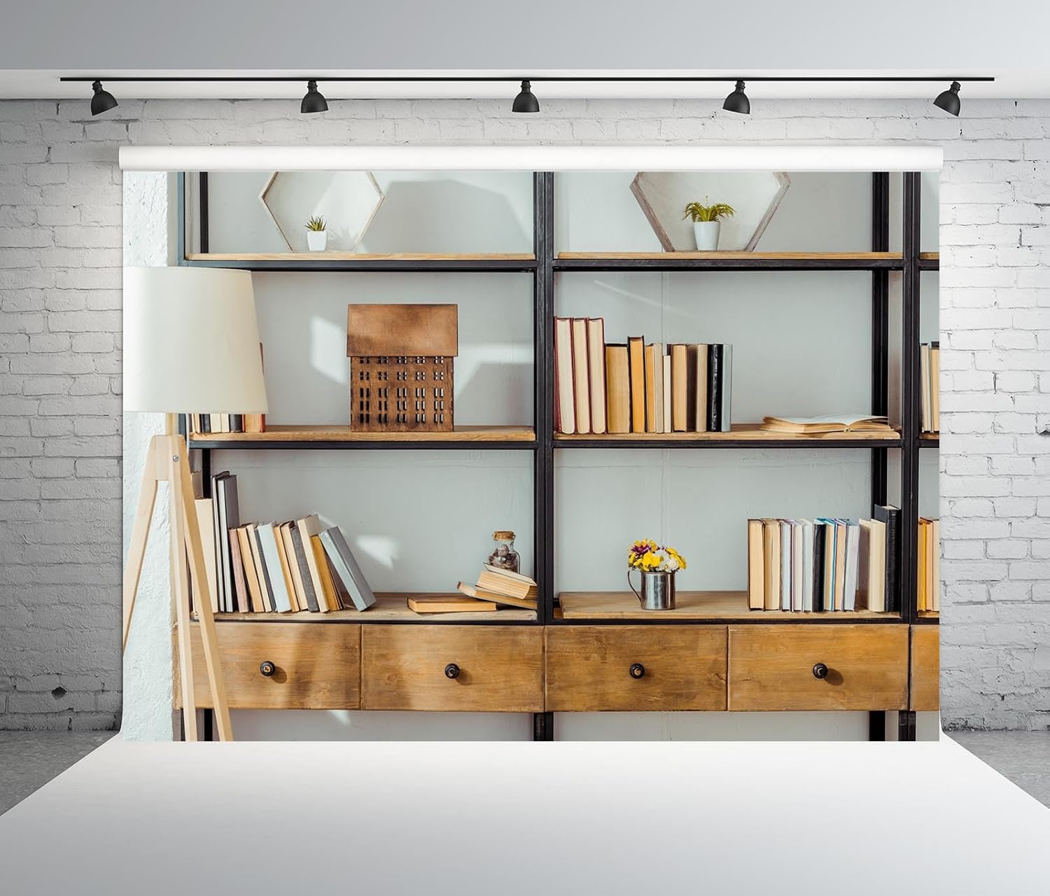 BELECO 9X6Ft Fabric Living Room Bookshelf Backdrop Empty Room with Bookcase, Zoom Calls Video Recording Background Home Office Decor Zoom Meetings Photo Studio Props image number 5