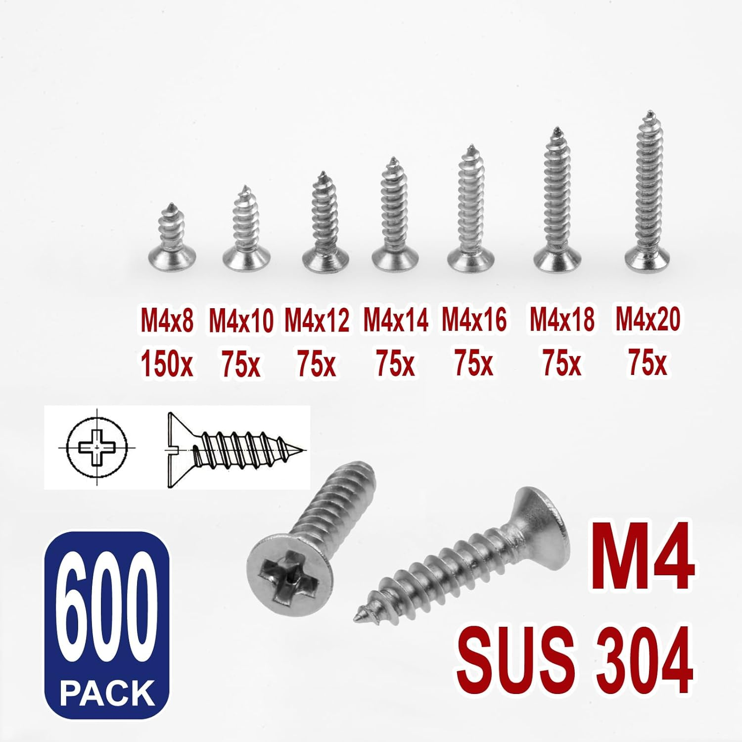 600X M4 Flat Countersunk Head Screws Wood Bolts 304 Stainless Steel Self-Tapping Phillips Assorted Assortment Kit Drilling Cross SUS Furniture image number 2