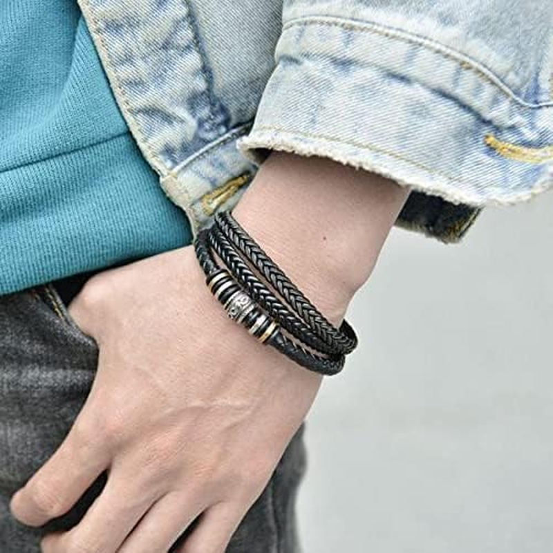 To My Son/To My Grandson - "I Will Always Be with You" Braided Leather Bracelet for Men, Stainless Steel Inspirational Wristband, Mens Braided Leather Bracelet Bangle Wristband (To Grandson) image number 1