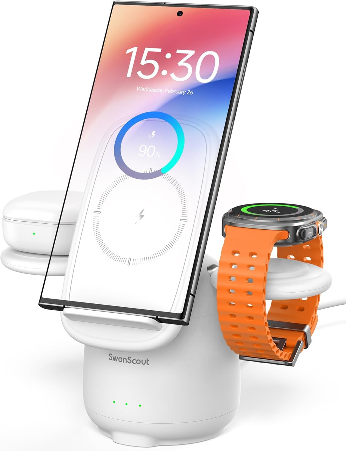 Swanscout Wireless Charger for Samsung S25 Ultra, 3 in 1 Charging Station for Samsung S25/S24/S23/Z Flip 7/Z Fold 7, Charger Stand for Galaxy Watch 8/Ultra/7/6/5, Galaxy Buds 3/Pro, 707S