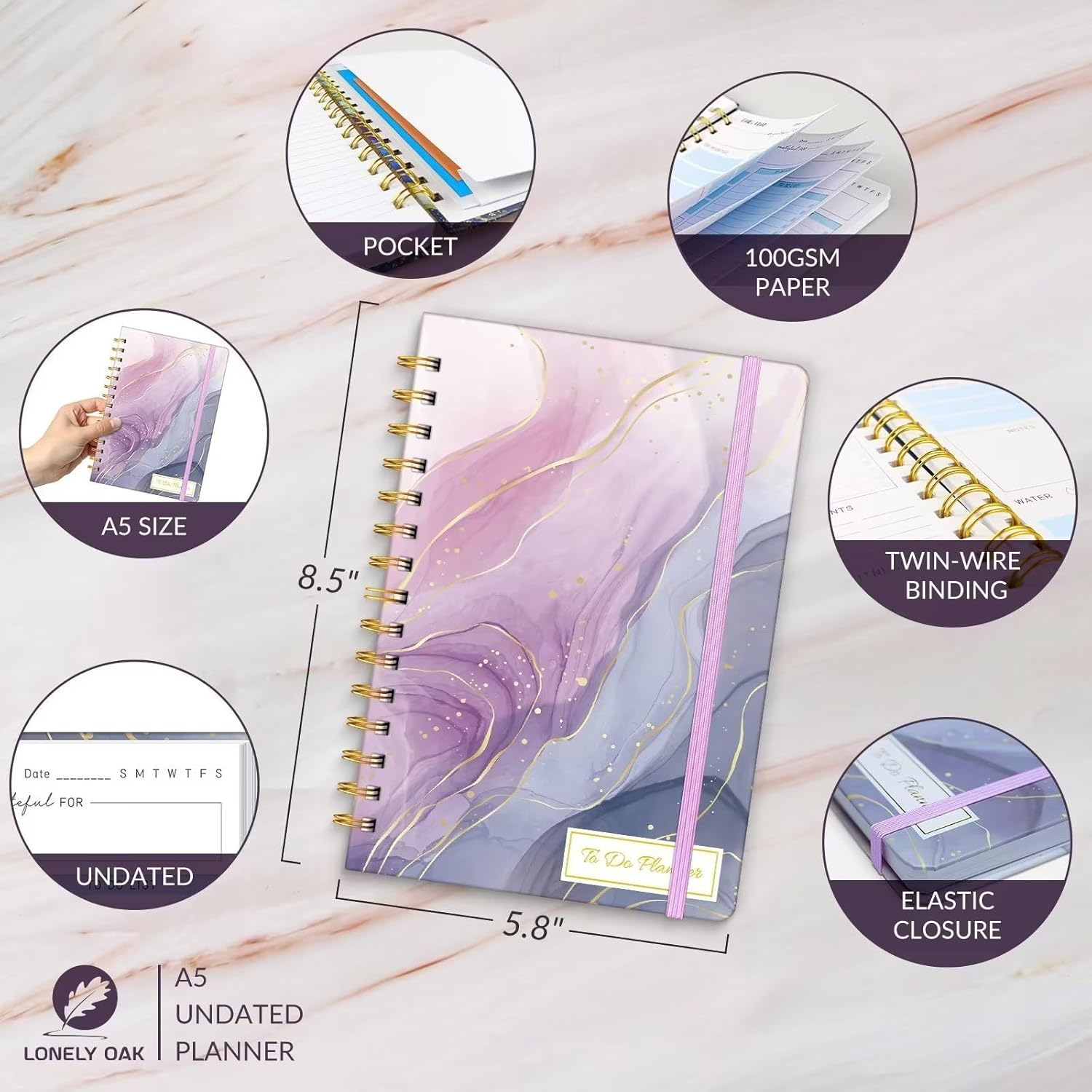 Daily Planner Undated to Boost Productivity, Undated to Do List Notebook, Spiral Appointment Book, Habit Tracker Journal, Goal Planner and Tracker to Hit Your Daily Goals(Purple Marble) - Indigo image number 4