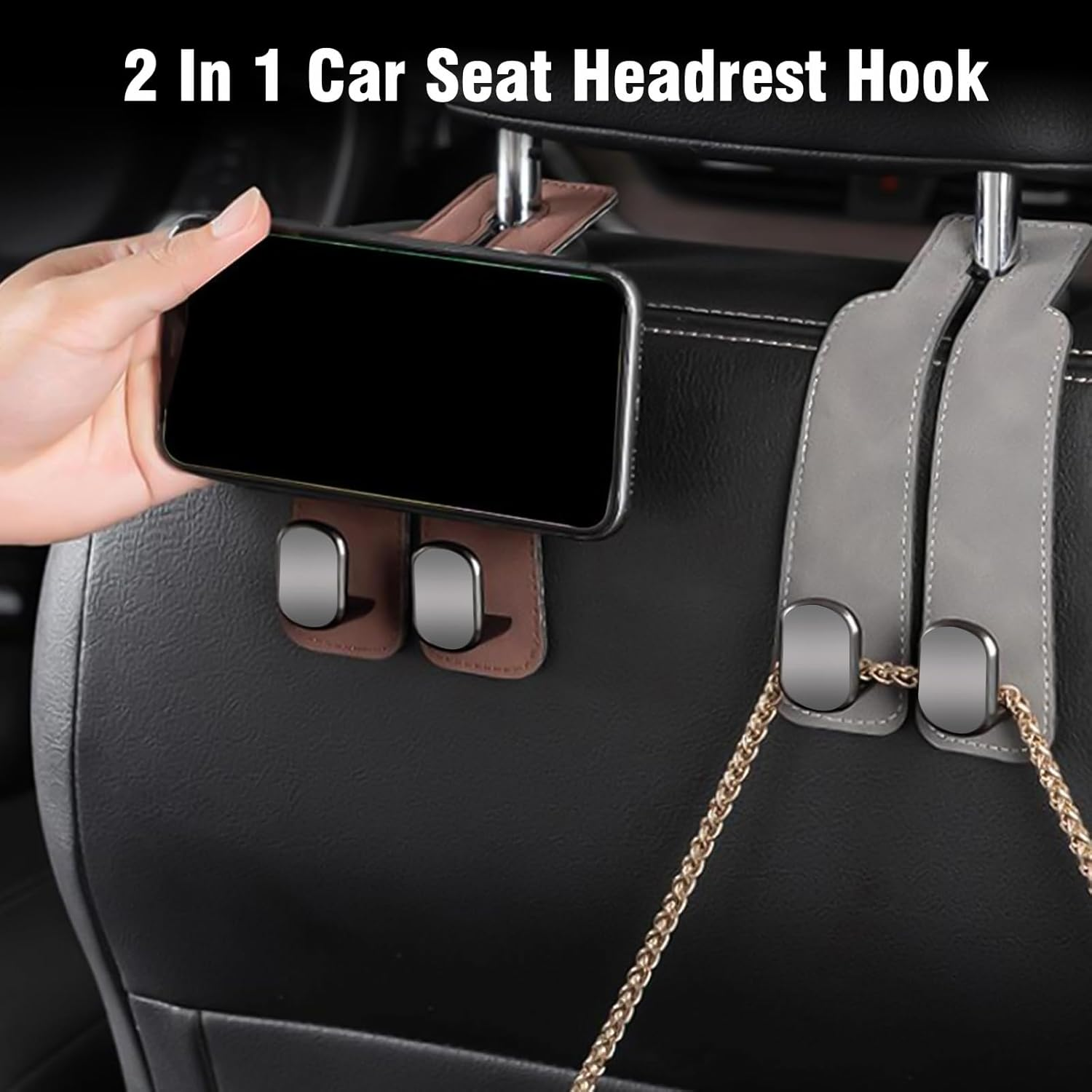 2 Pack Car Bag Hook,Car Seat Back Storage Hook for Headrest,Car Accessories Interior,Multifunctional Car Headrest Hanger with Metal Hooks for Purses,Handbags,Mobile Phone (Brown) image number 1